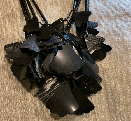 All-Black Multi-Strand Bead & Fan Shell Cluster Bib Necklace