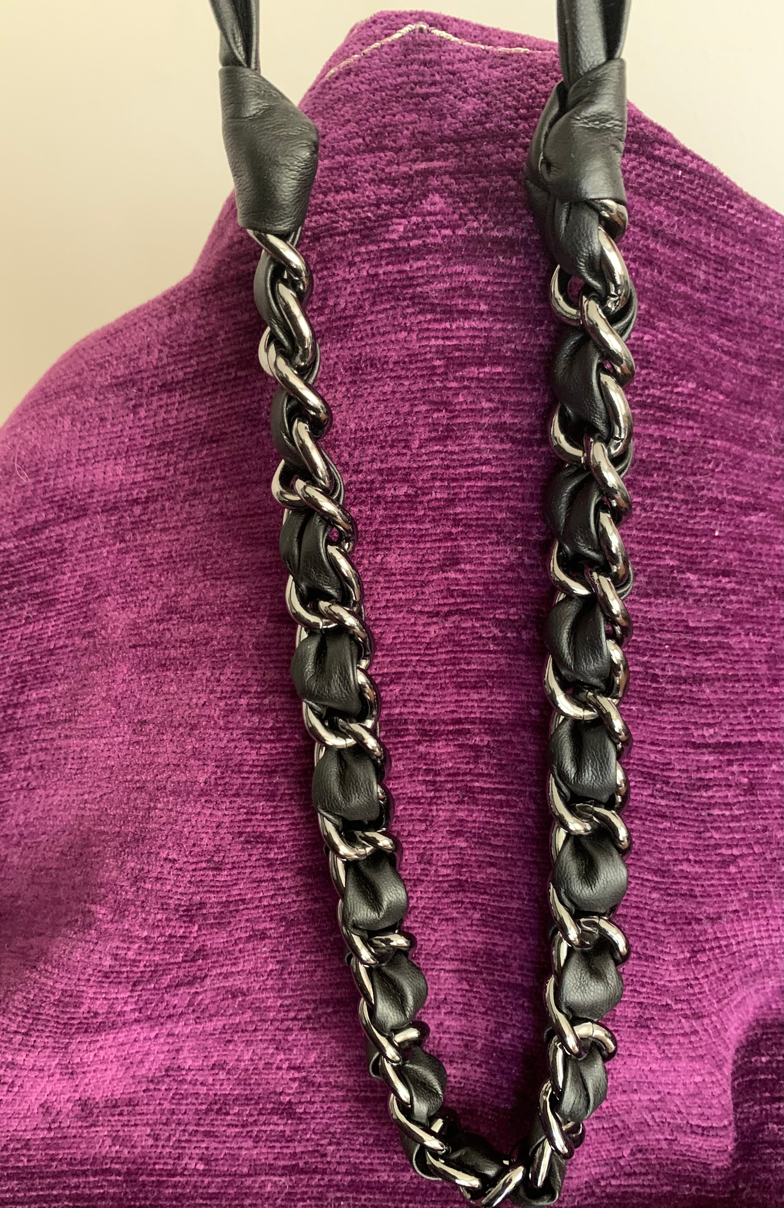 Black Leather & Gunmetal Chain Necklace with Matching Bracelet