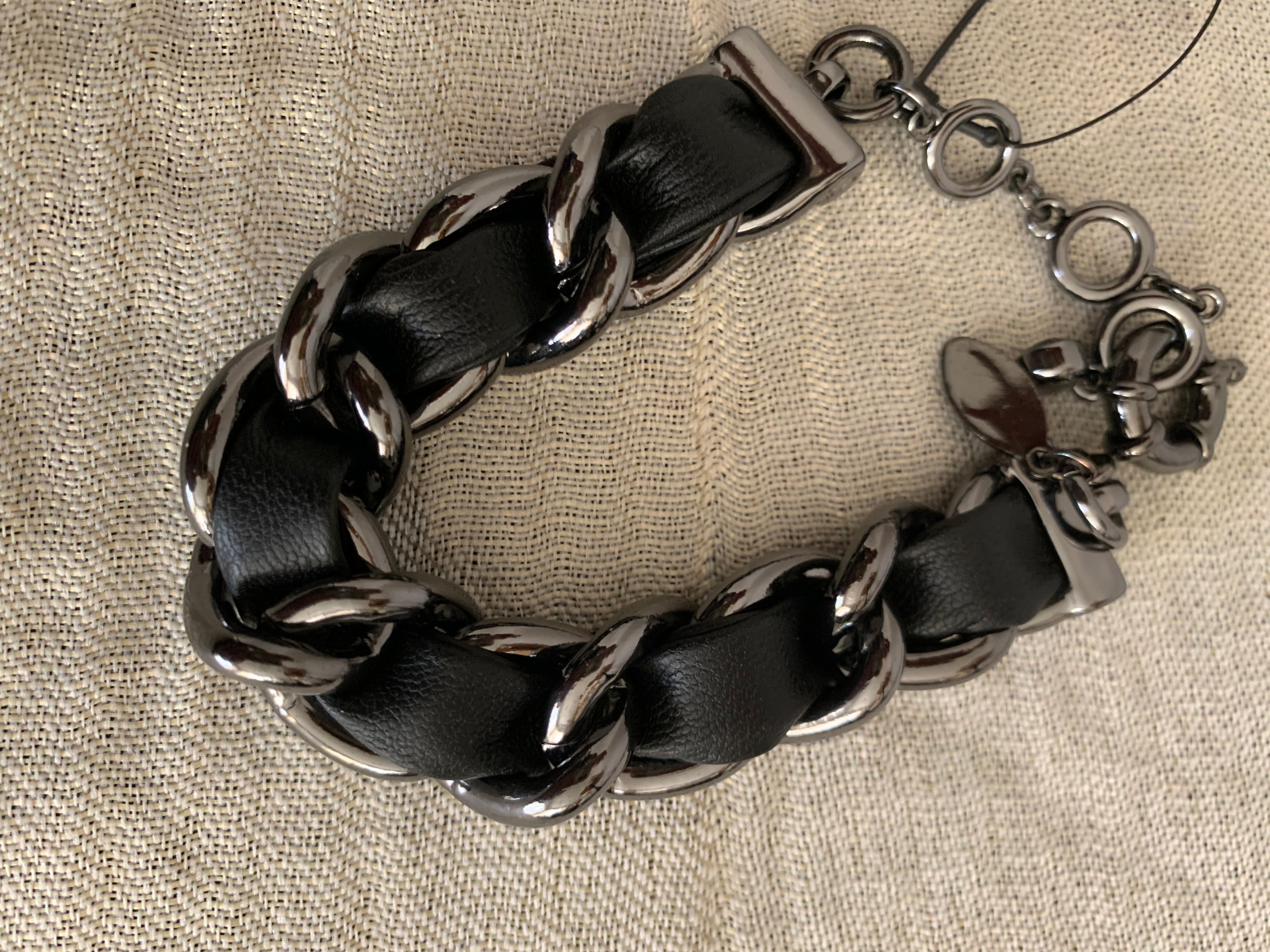 Black Leather & Gunmetal Chain Necklace with Matching Bracelet
