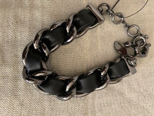Black Leather & Gunmetal Chain Necklace with Matching Bracelet