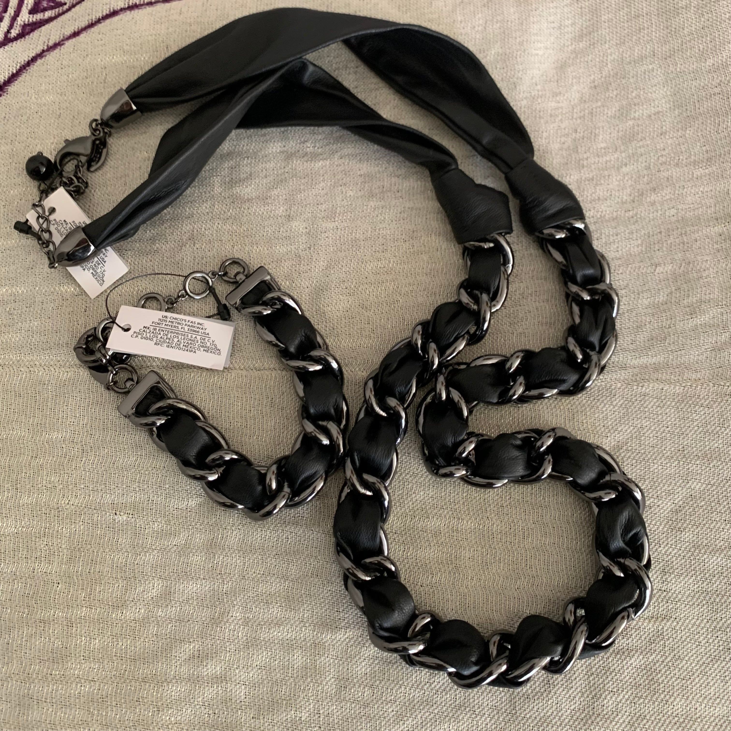 Black Leather & Gunmetal Chain Necklace with Matching Bracelet