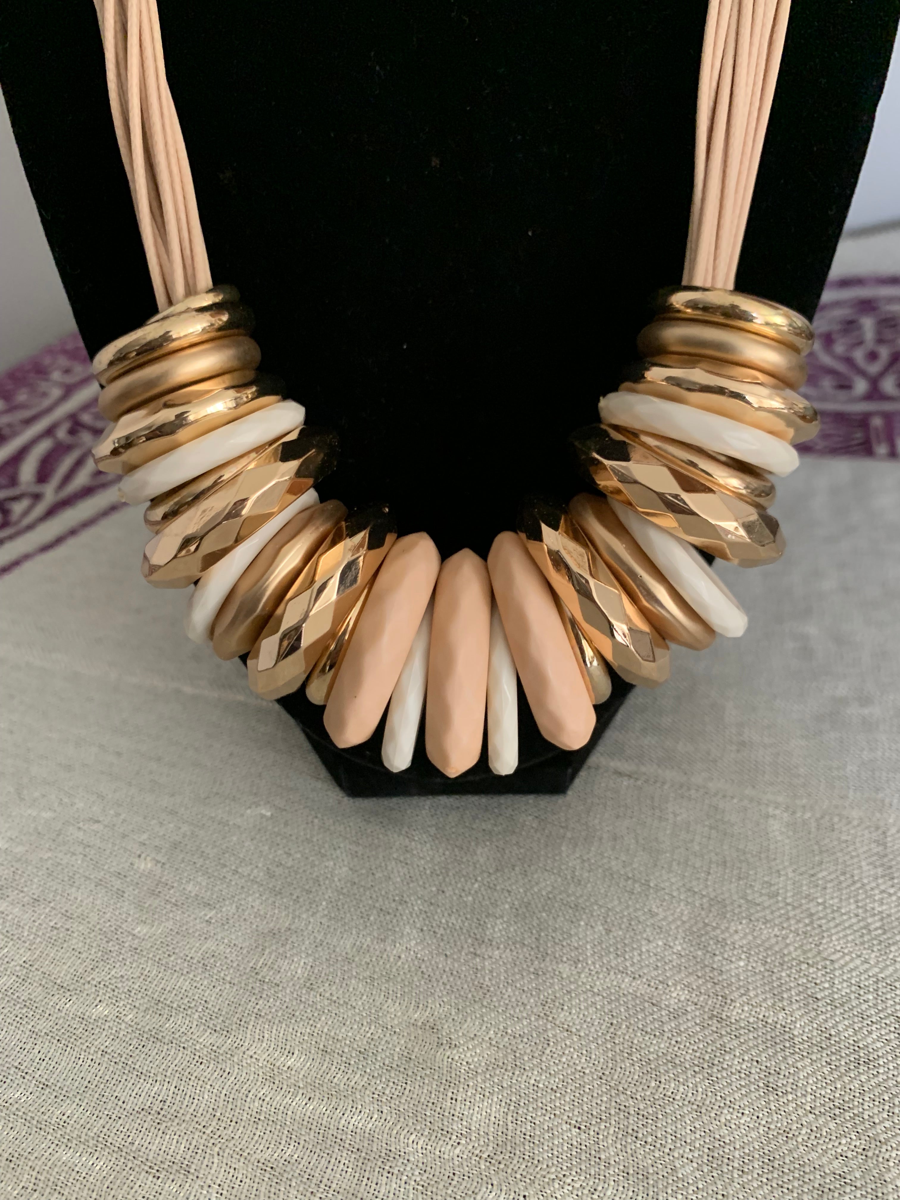 Multi-Strand Nude Cord & Gold Ring Statement Necklace