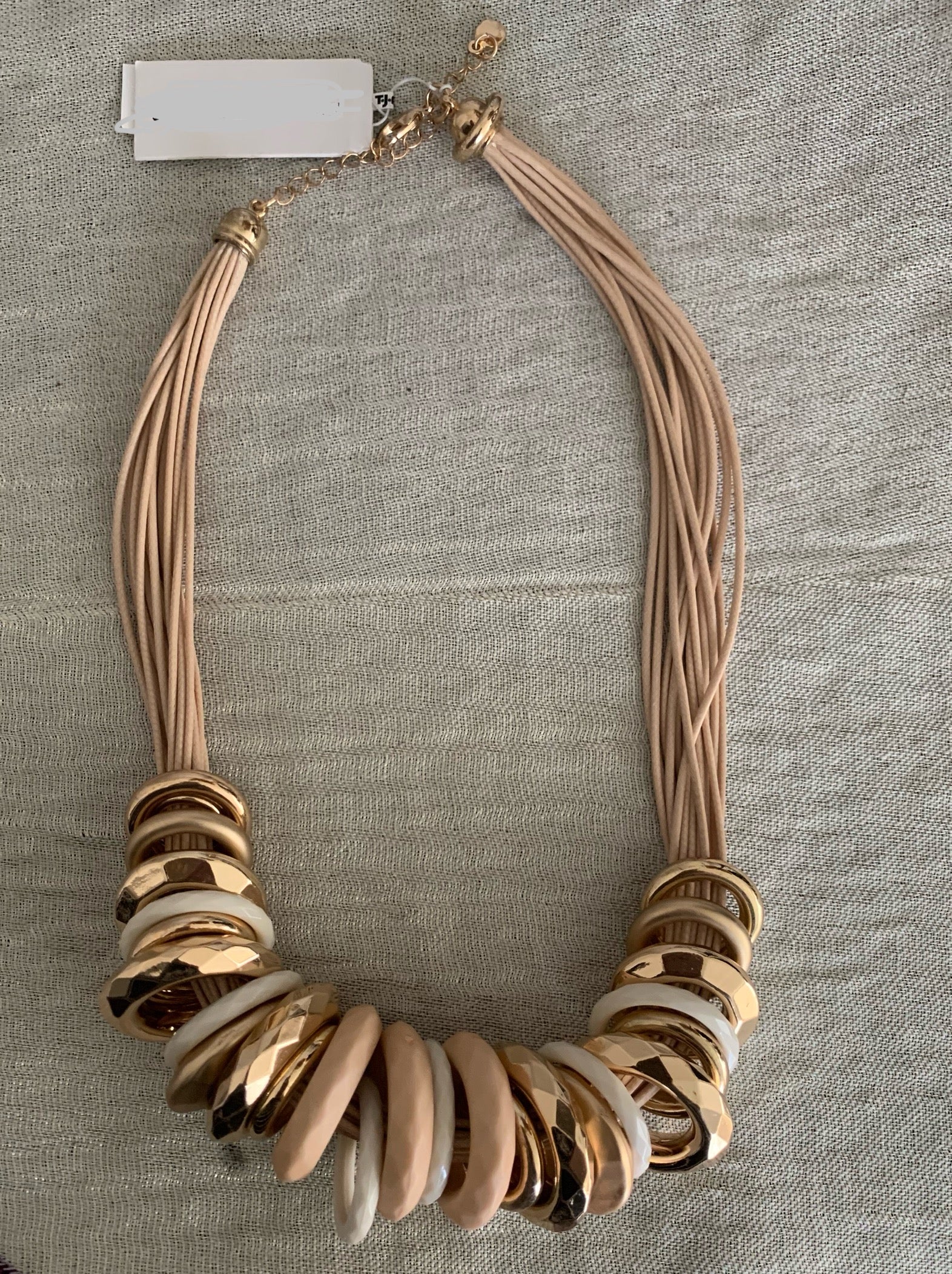 Multi-Strand Nude Cord & Gold Ring Statement Necklace