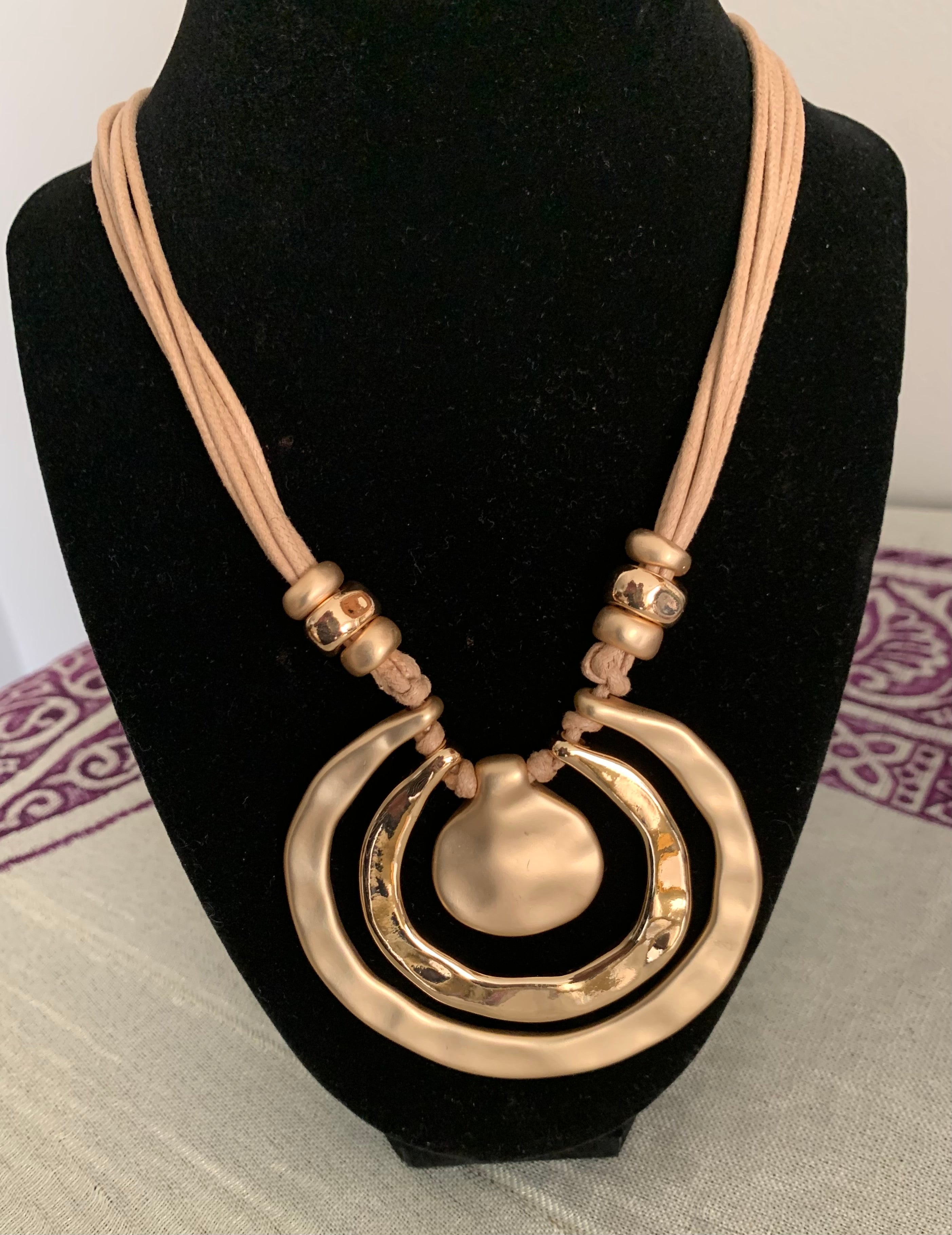 Multi-Strand Nude Cord & Gold Orbital Pendant Necklace