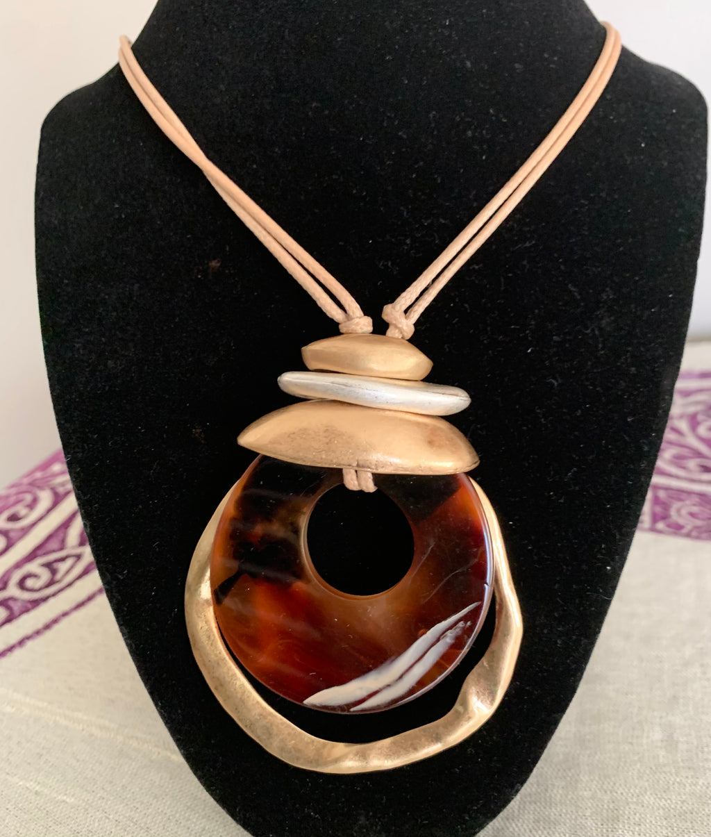 Neutral Cord Necklace with Tortoiseshell & Gold Organic Pendant