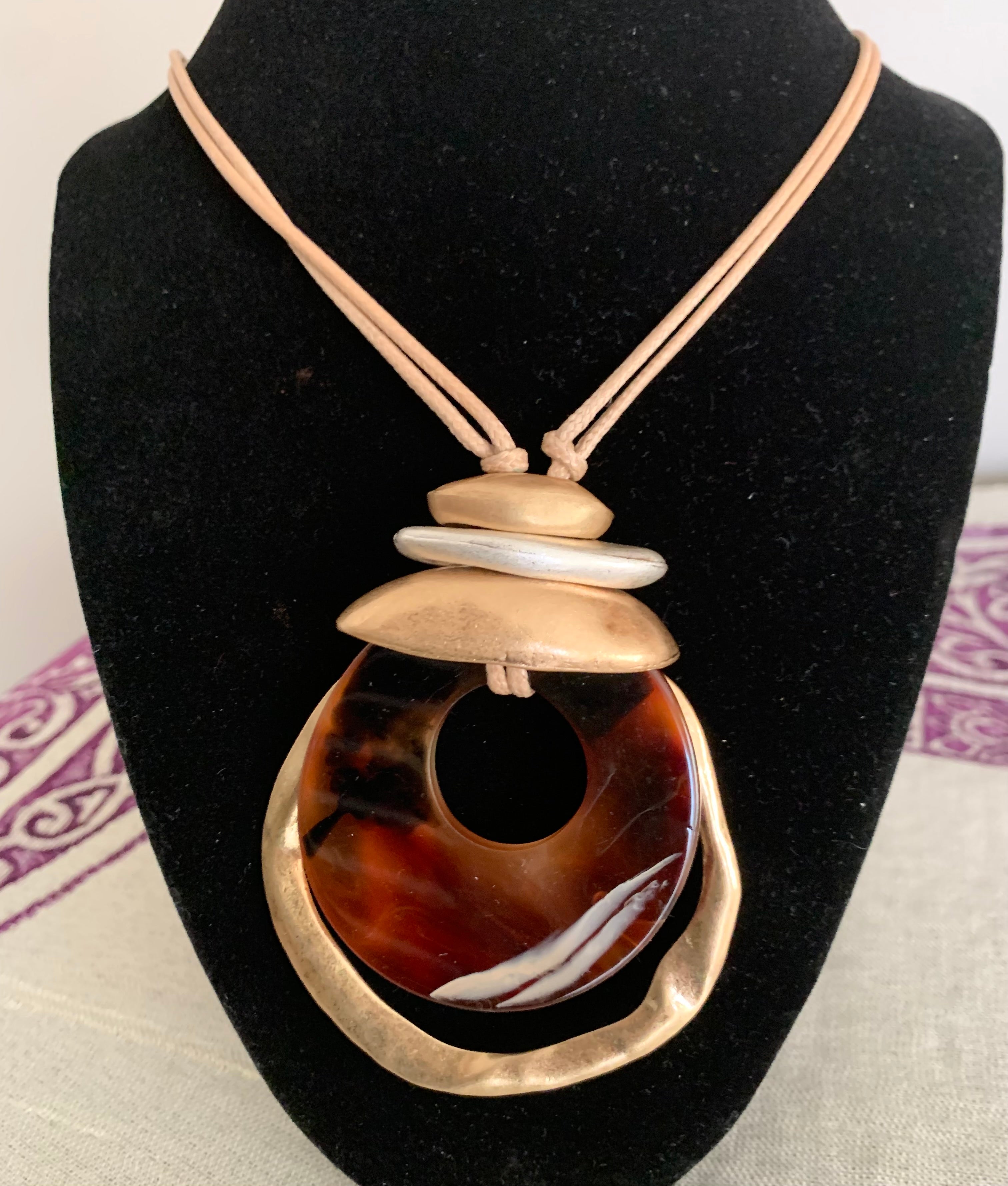 Neutral Cord Necklace with Tortoiseshell & Gold Organic Pendant