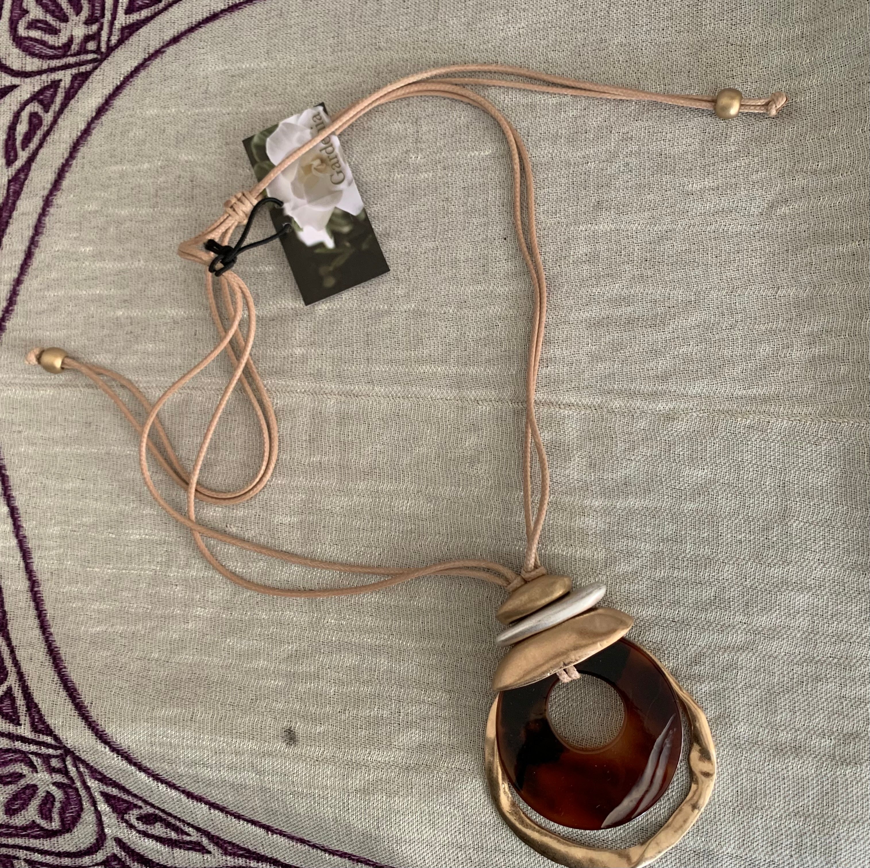 Neutral Cord Necklace with Tortoiseshell & Gold Organic Pendant