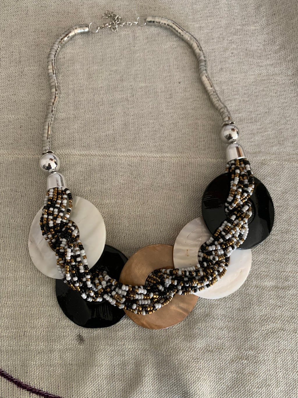 Braided Seed Bead & Shell Disc Statement Necklace & Bracelet Set