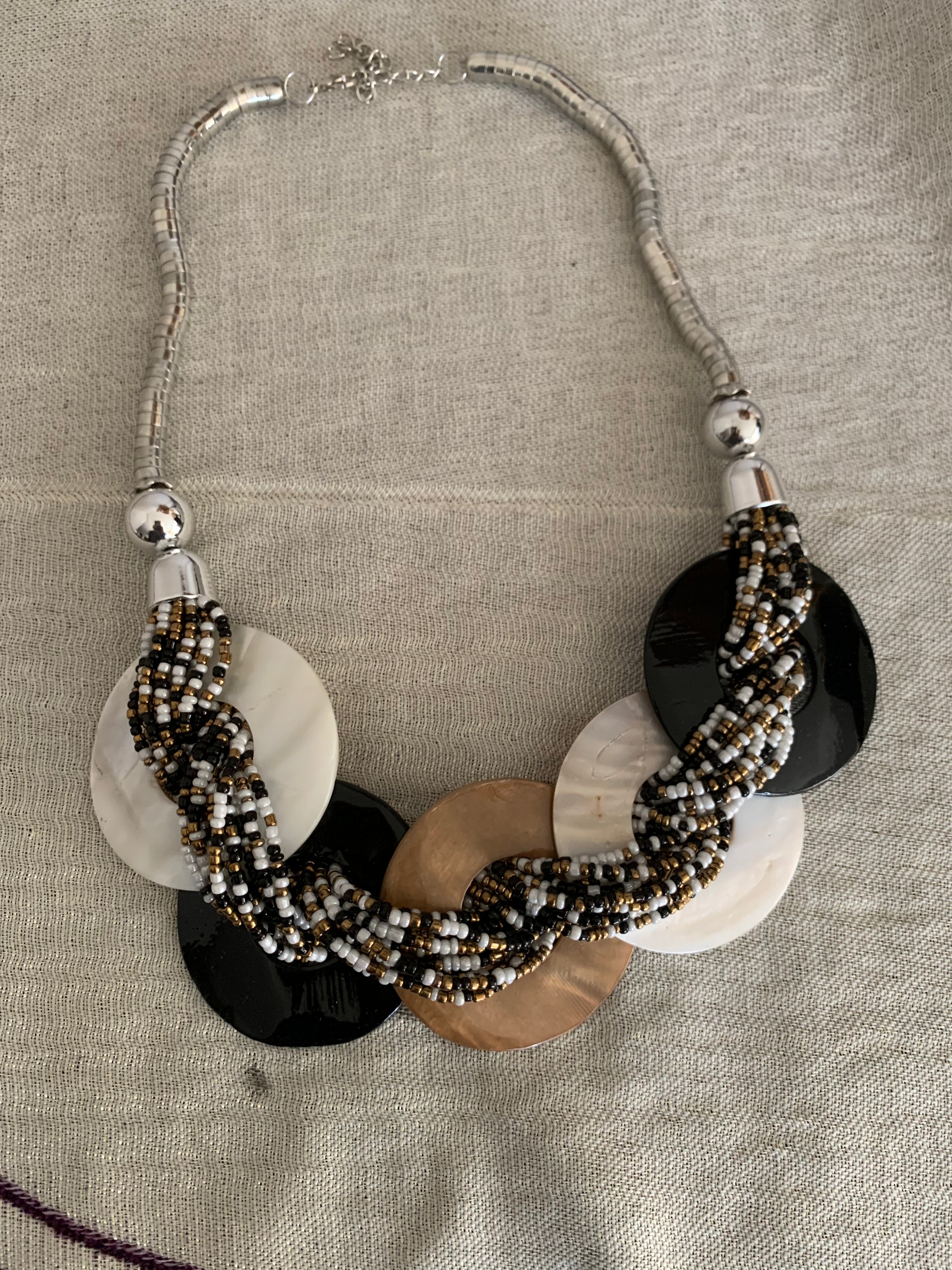 Braided Seed Bead & Shell Disc Statement Necklace & Bracelet Set