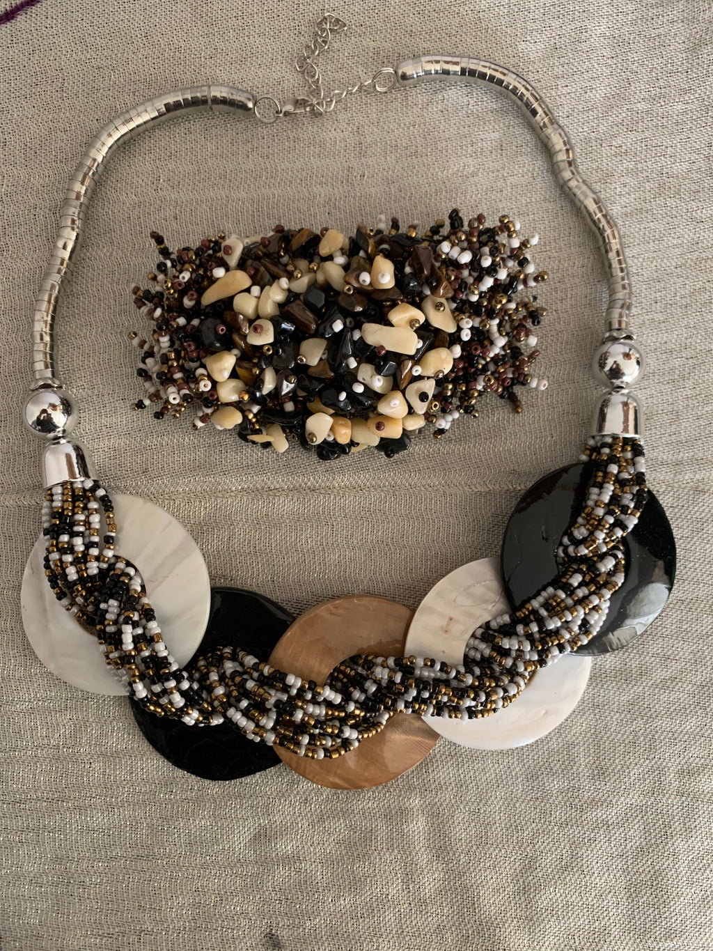 Braided Seed Bead & Shell Disc Statement Necklace & Bracelet Set