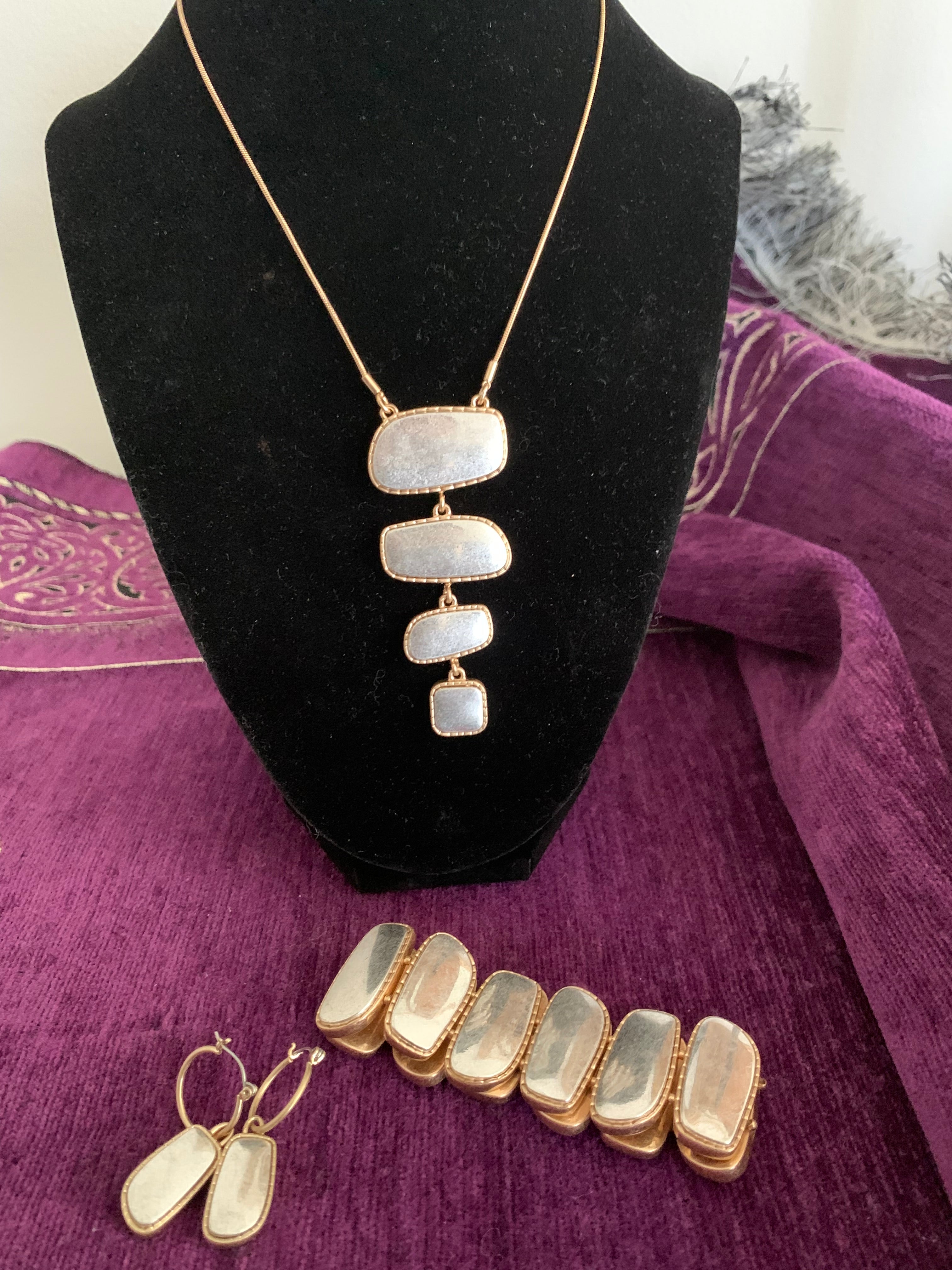Gold and Silver tone 3-Piece Jewelry Set: Necklace Bracelet & Earrings
