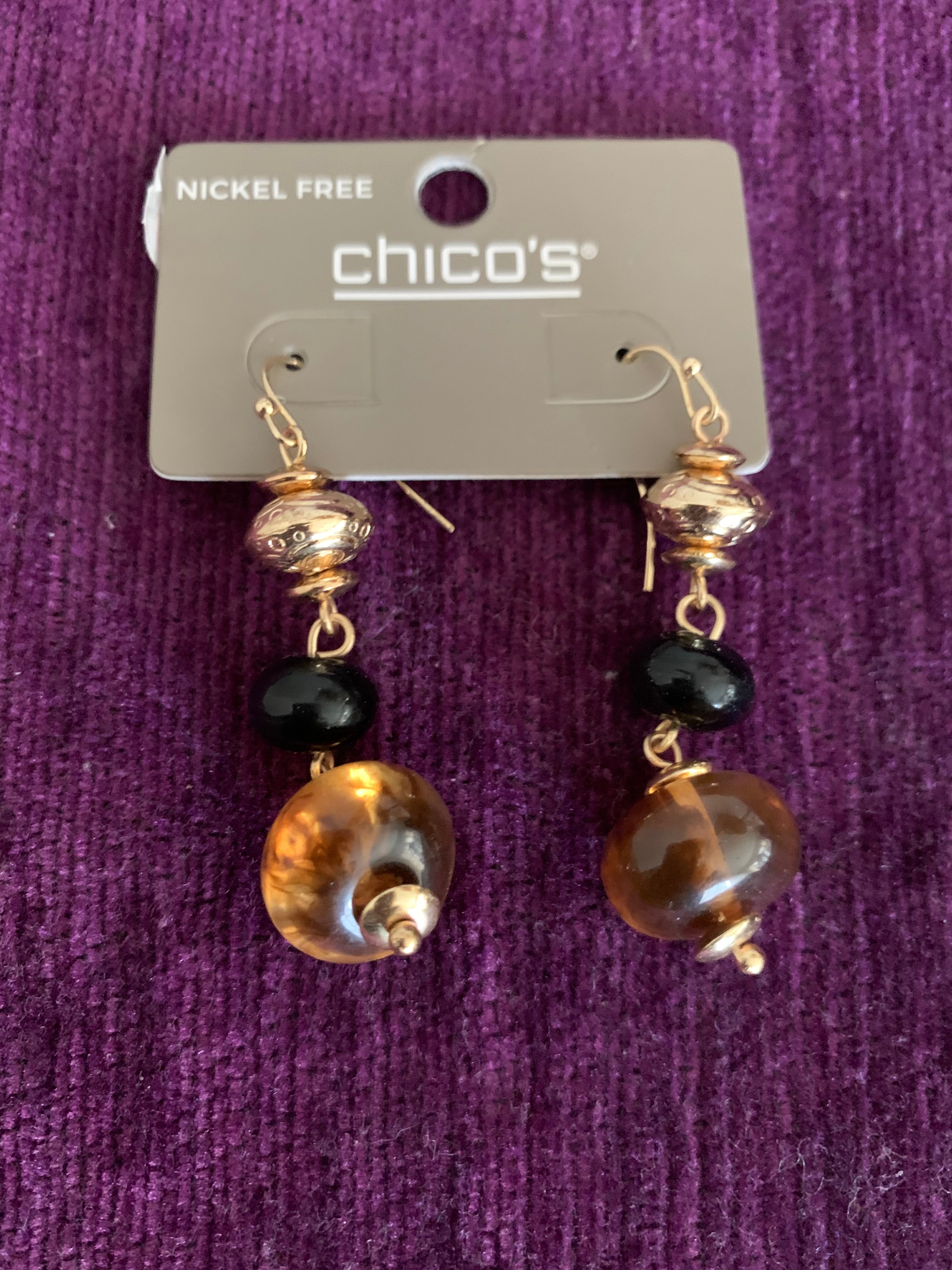 Chico's Nickel-Free Gold Black & Amber Bead Drop Earrings