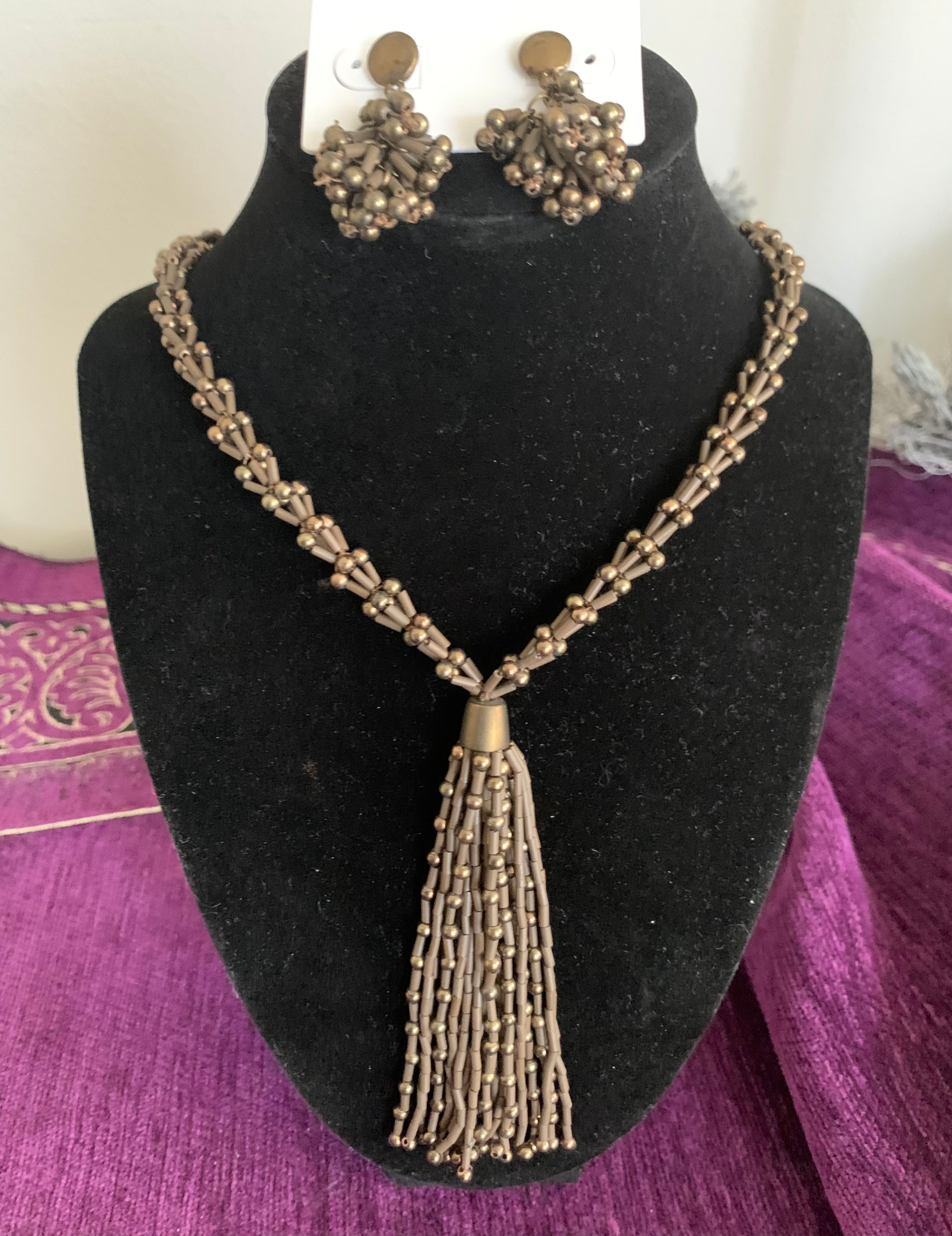 Bronze Seed Bead Tassel Necklace & Cluster Earring Set