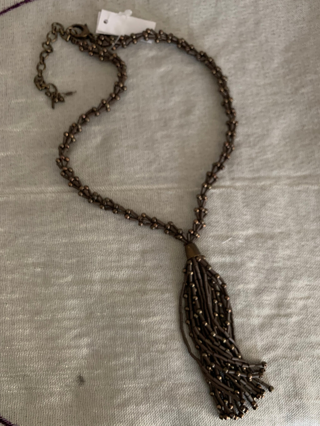 Bronze Seed Bead Tassel Necklace & Cluster Earring Set