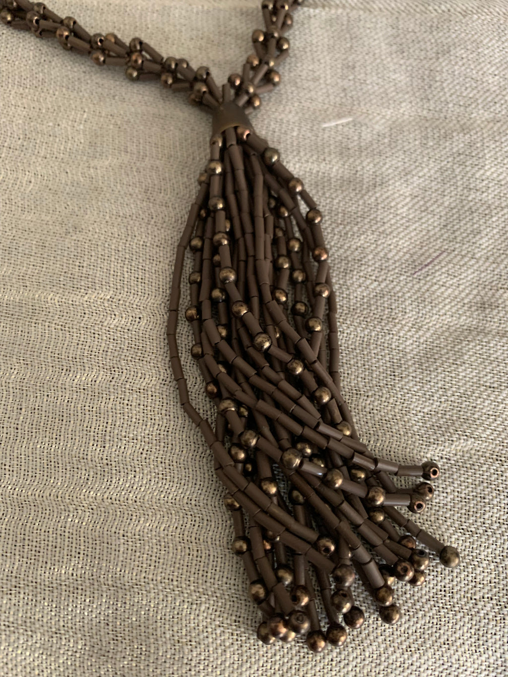 Bronze Seed Bead Tassel Necklace & Cluster Earring Set
