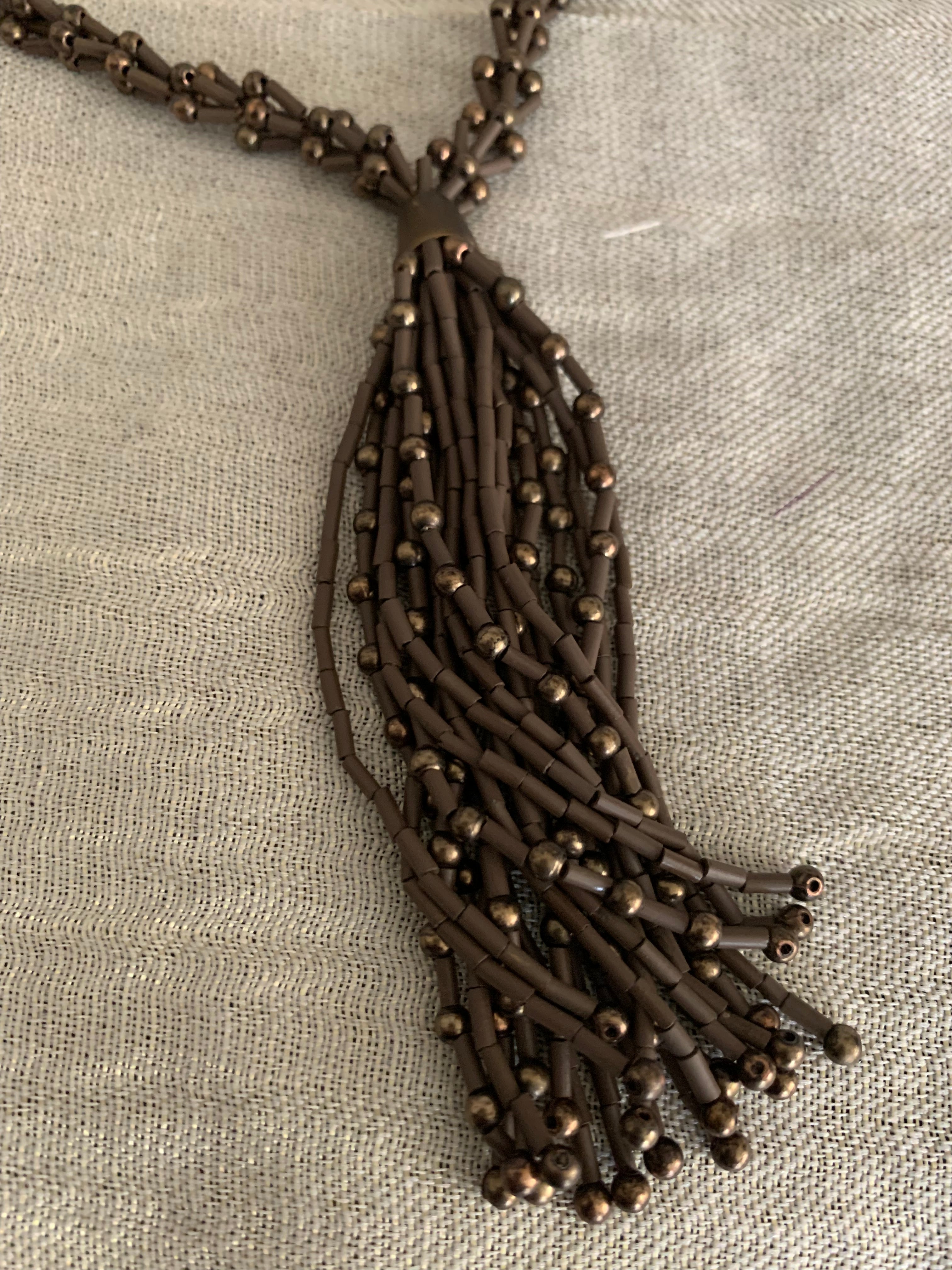 Bronze Seed Bead Tassel Necklace & Cluster Earring Set