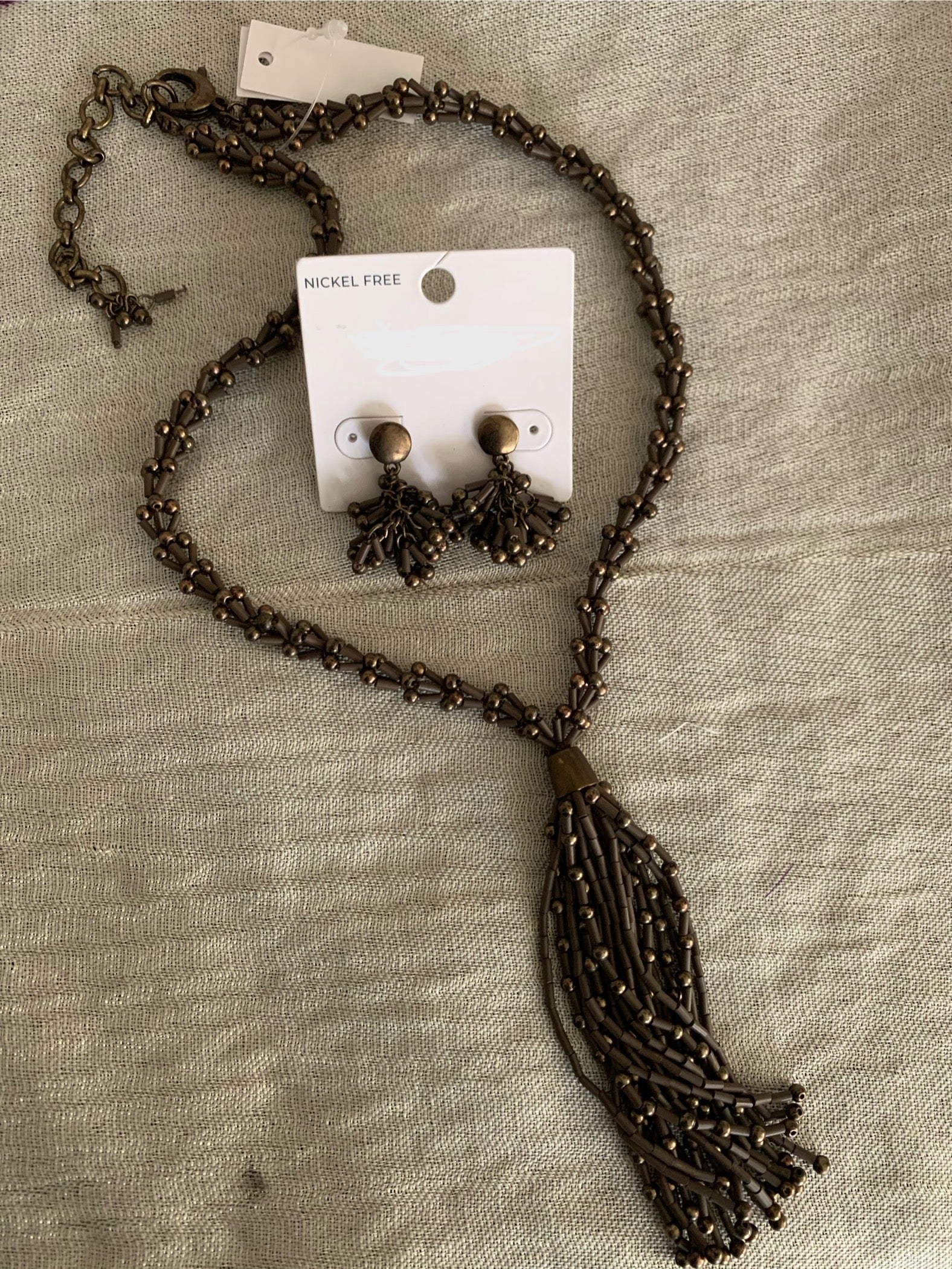 Bronze Seed Bead Tassel Necklace & Cluster Earring Set