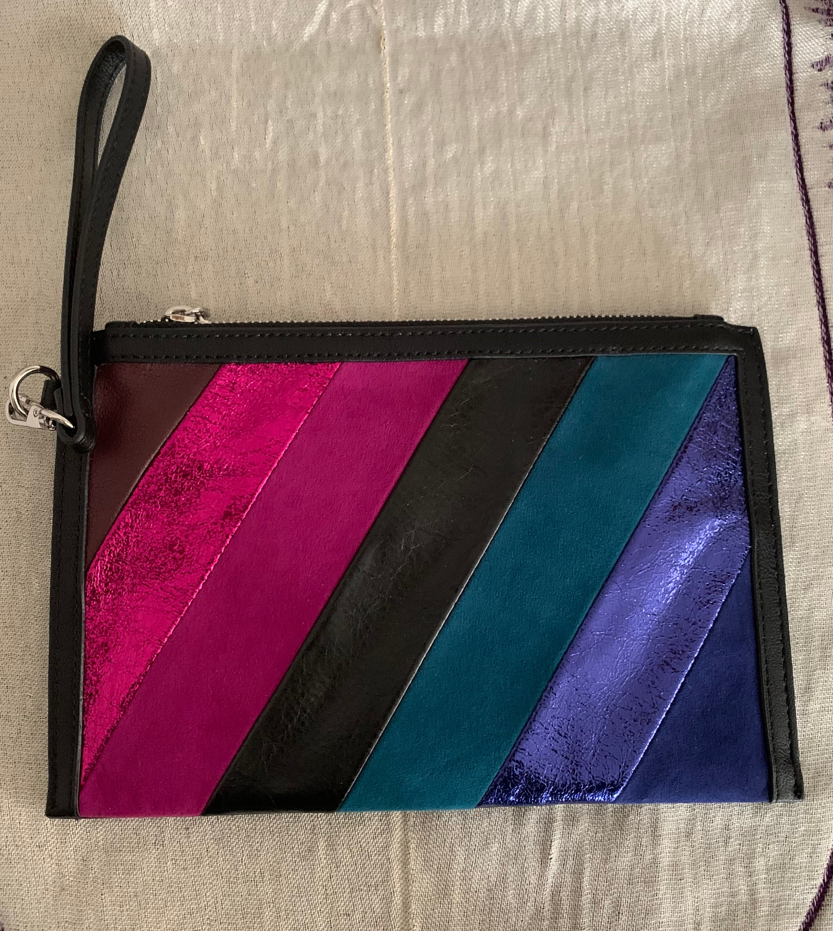 Metallic Stripe Wristlet Clutch in Pink Black Teal & Purple