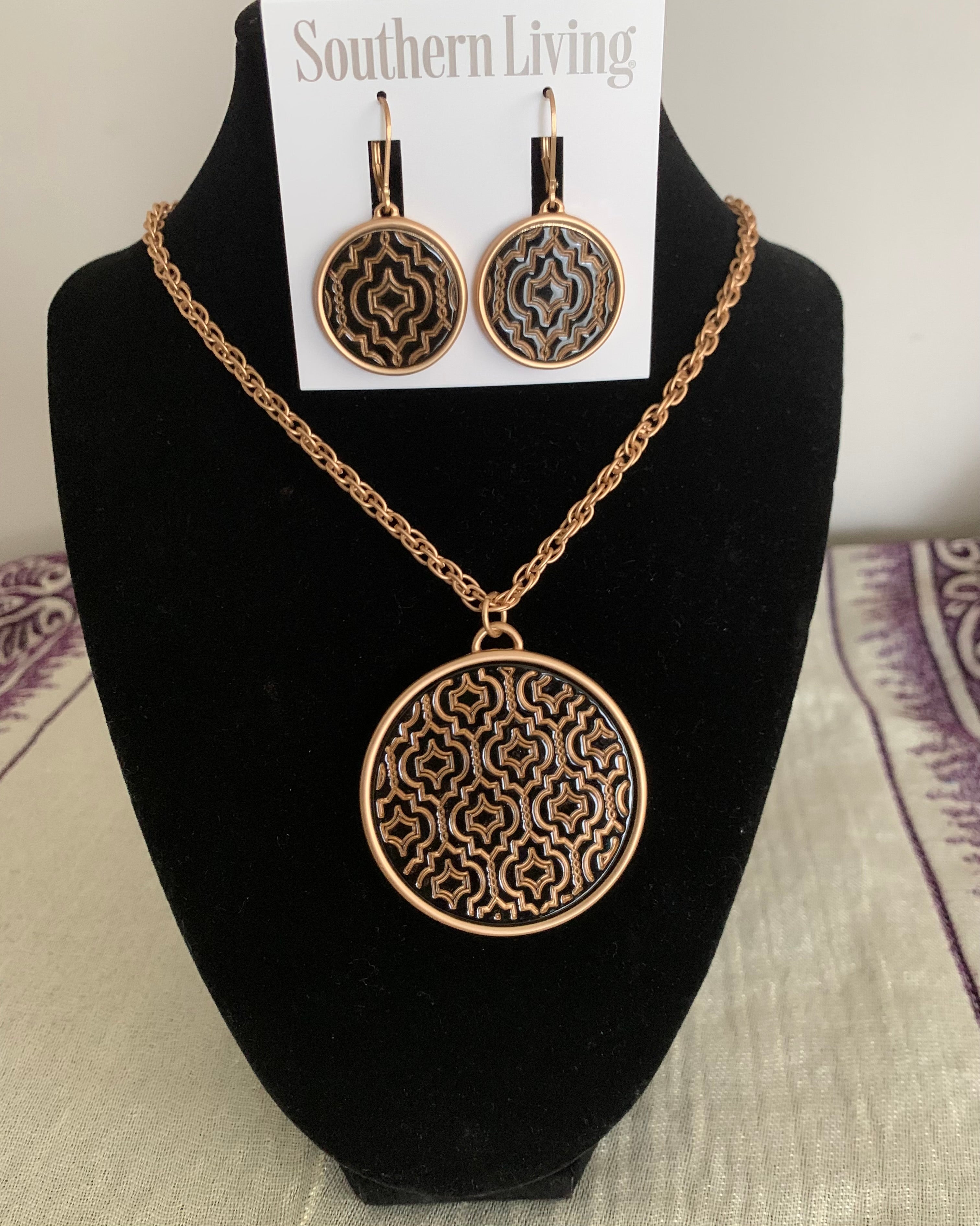Southern Living Gold & Black Filigree Medallion Necklace & Earring Set