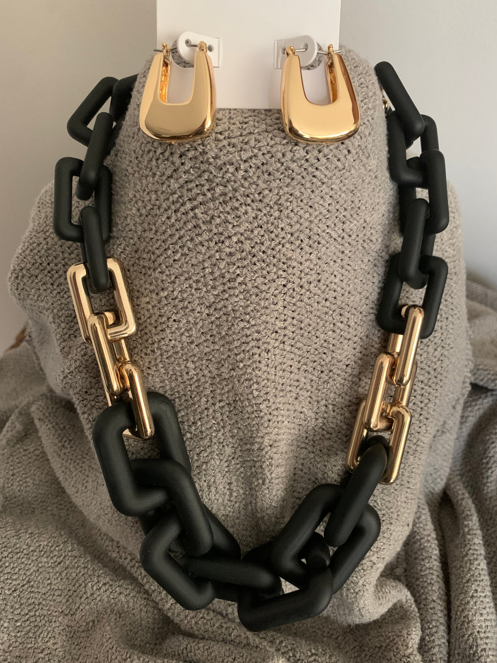 Matte Black & Gold Chunky Chain Link Necklace with Gold Hoop Earrings