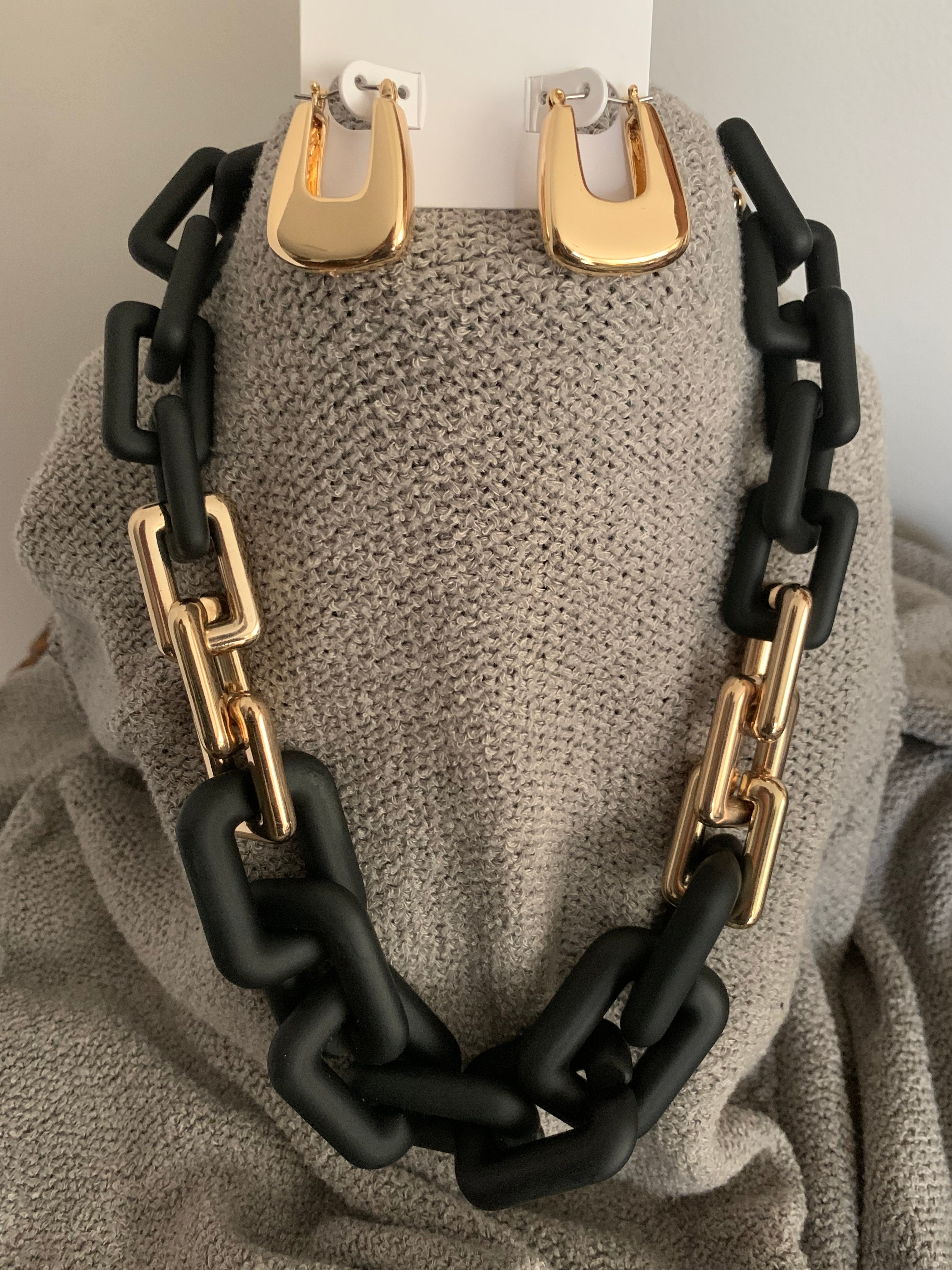 Matte Black & Gold Chunky Chain Link Necklace with Gold Hoop Earrings