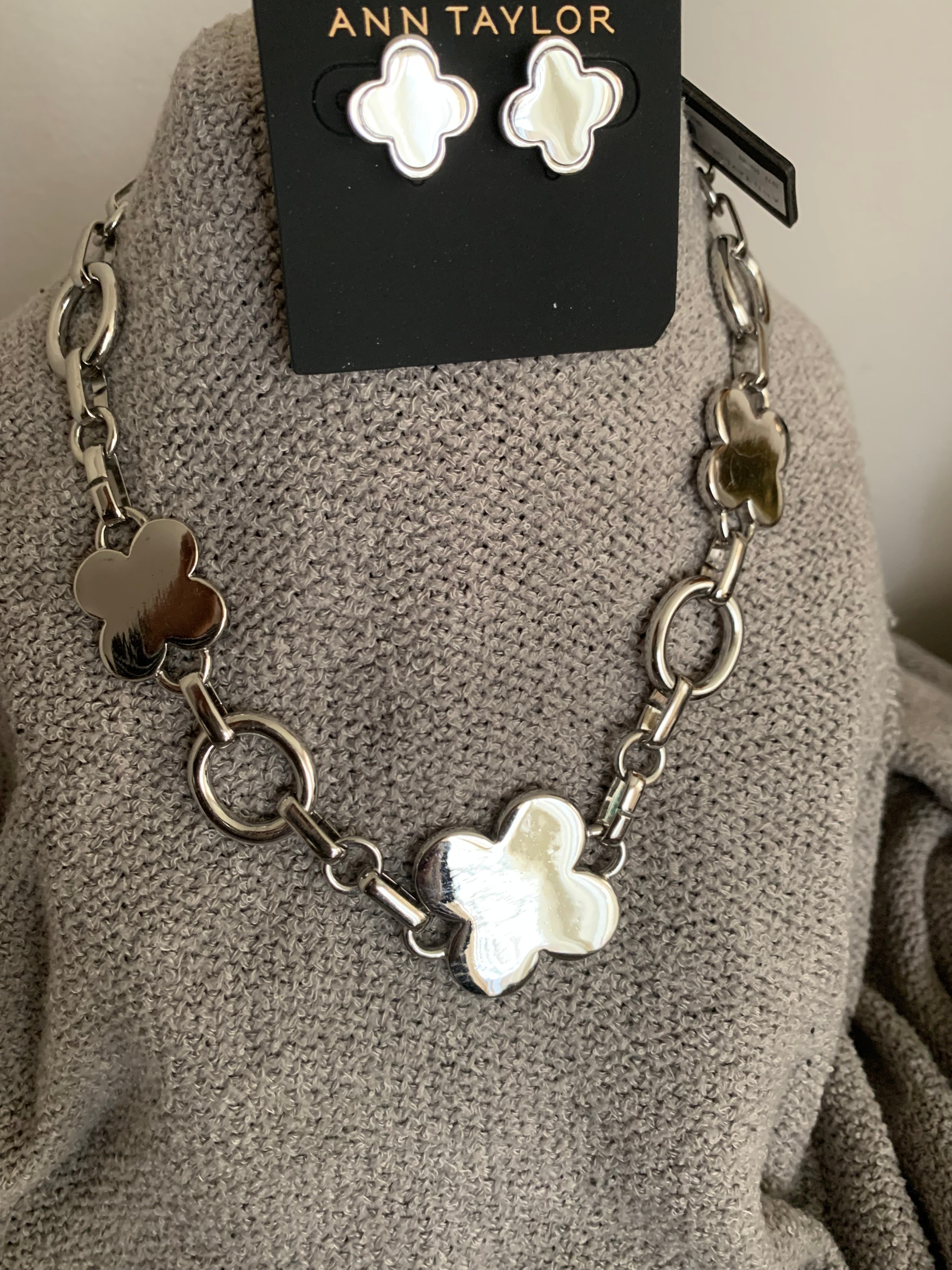 Ann Taylor Silver Clover-Shaped Chain Necklace & Clover Earrings