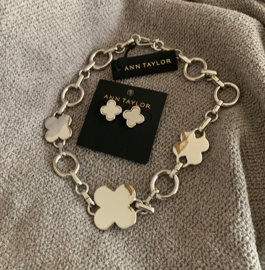 Ann Taylor Silver Clover-Shaped Chain Necklace & Clover Earrings
