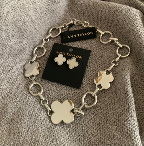 Ann Taylor Silver Clover-Shaped Chain Necklace & Clover Earrings