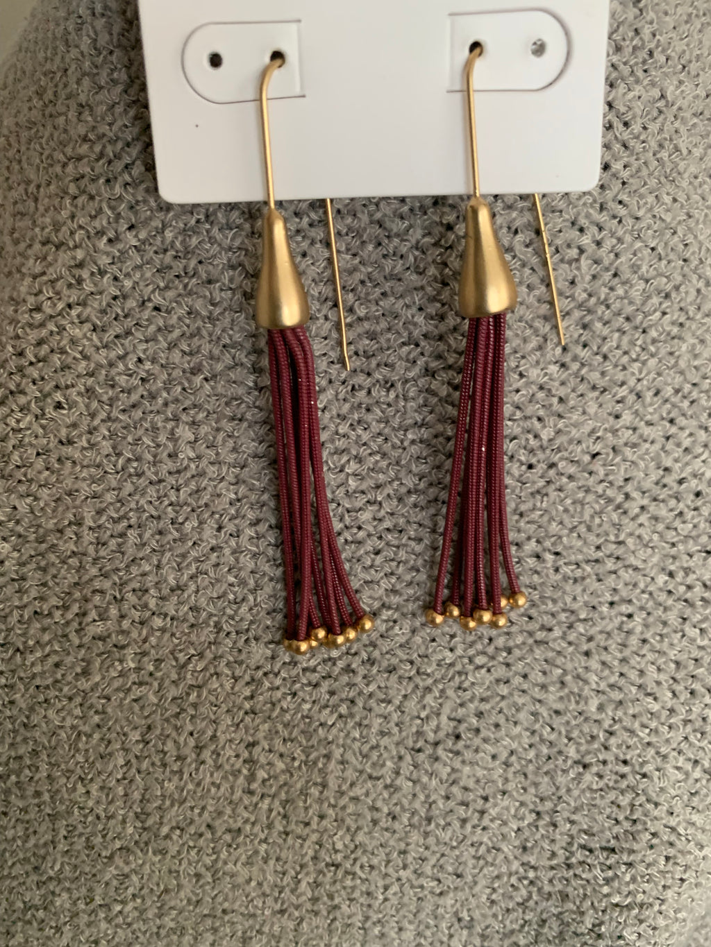 Burgundy Seed Bead Tassel Drop Earrings with Matte Gold Cap