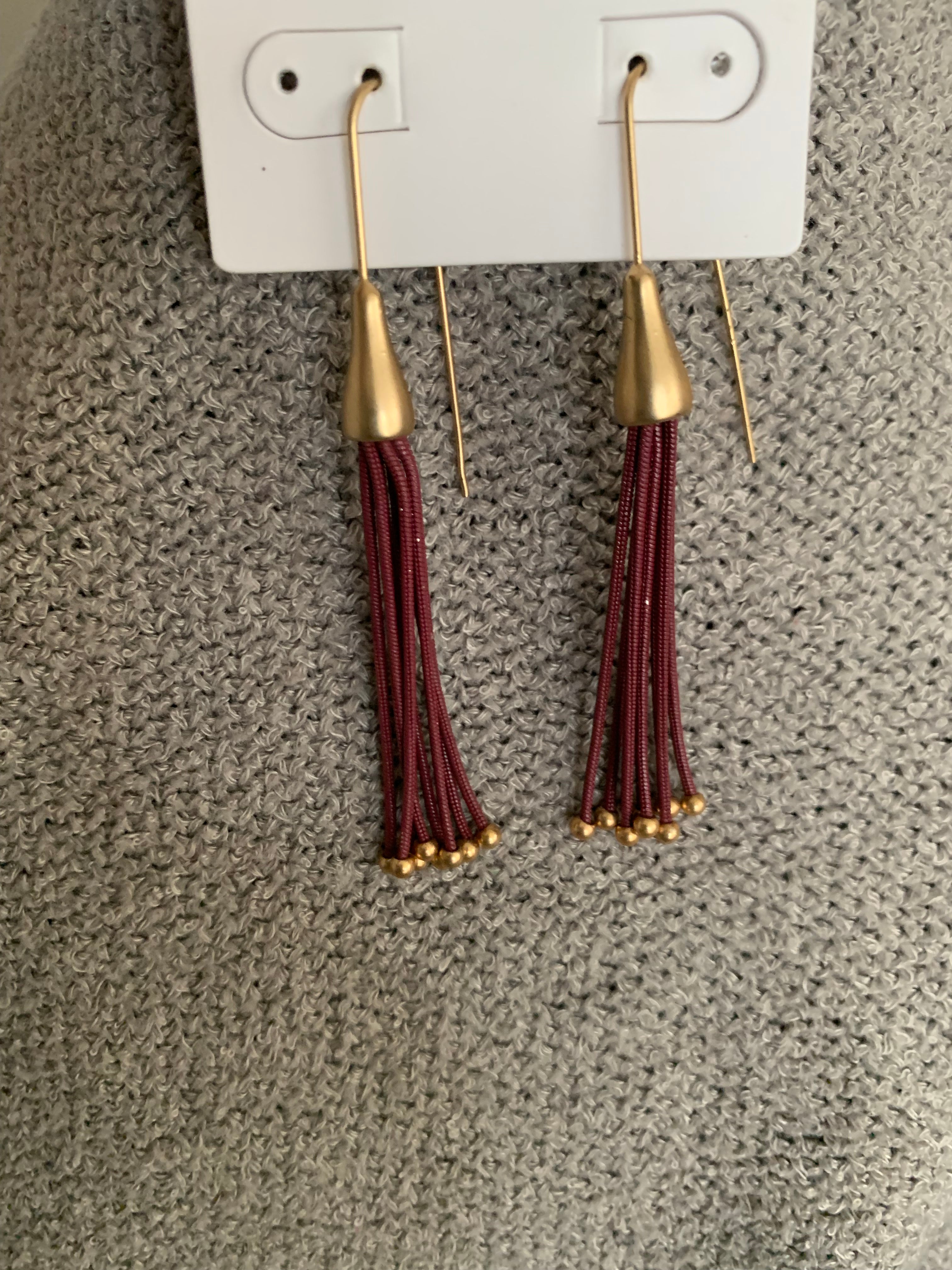 Burgundy Seed Bead Tassel Drop Earrings with Matte Gold Cap