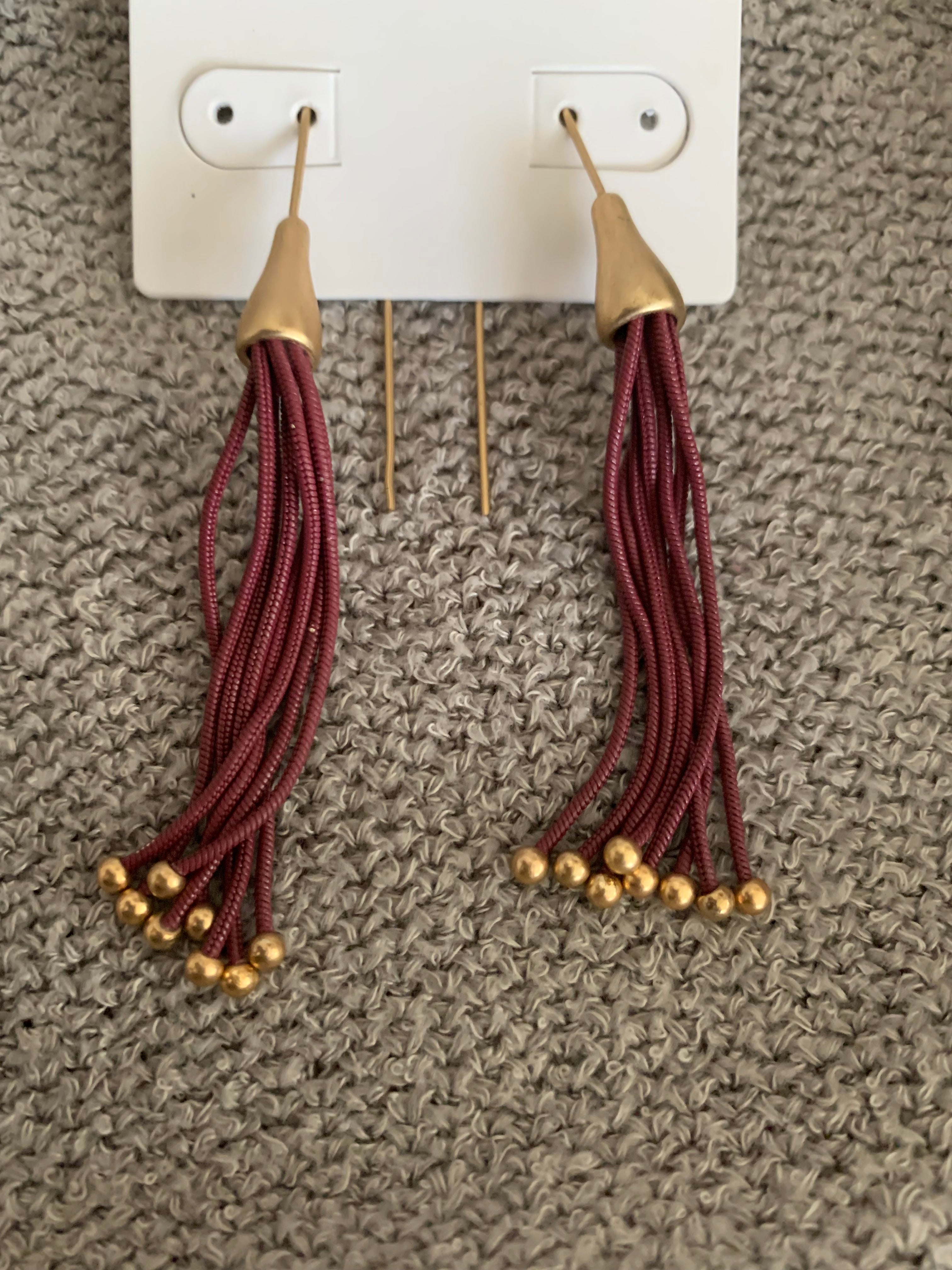 Burgundy Seed Bead Tassel Drop Earrings with Matte Gold Cap