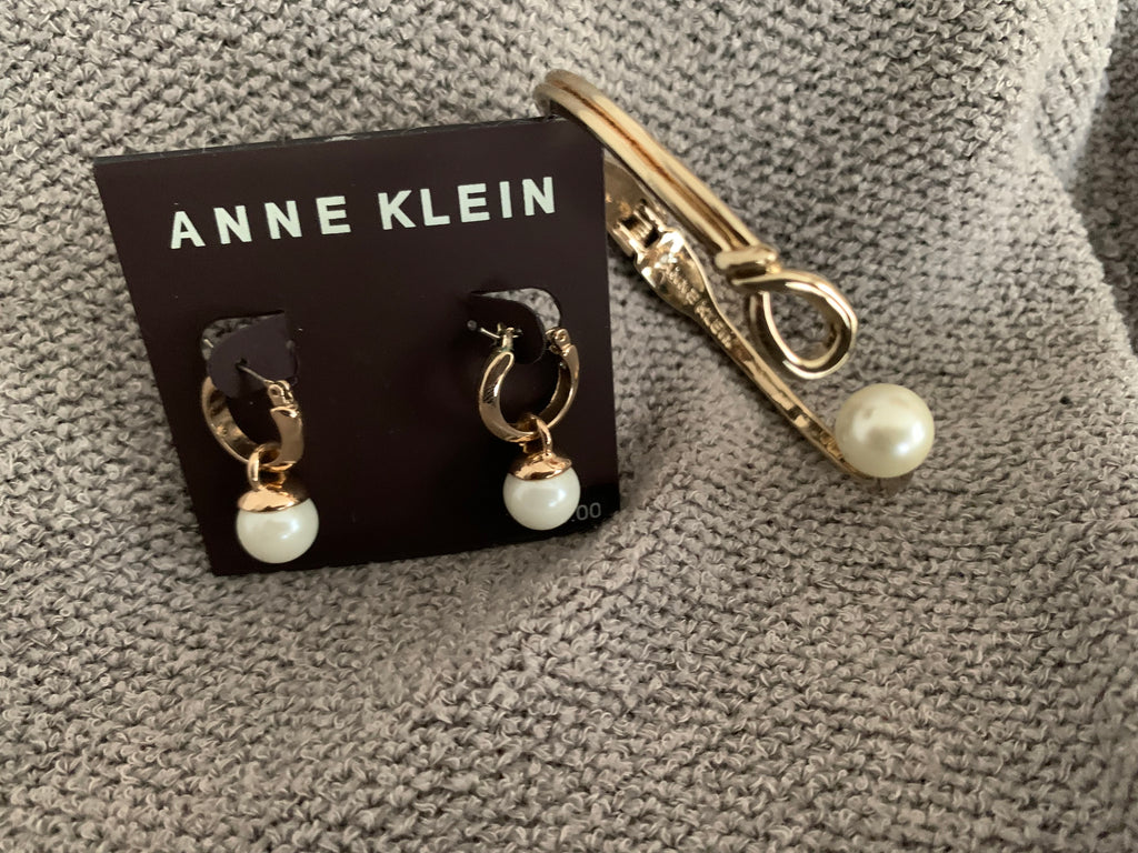 Anne Klein Gold & Pearl Hoop Earrings with Matching Pearl-Tip Bangle