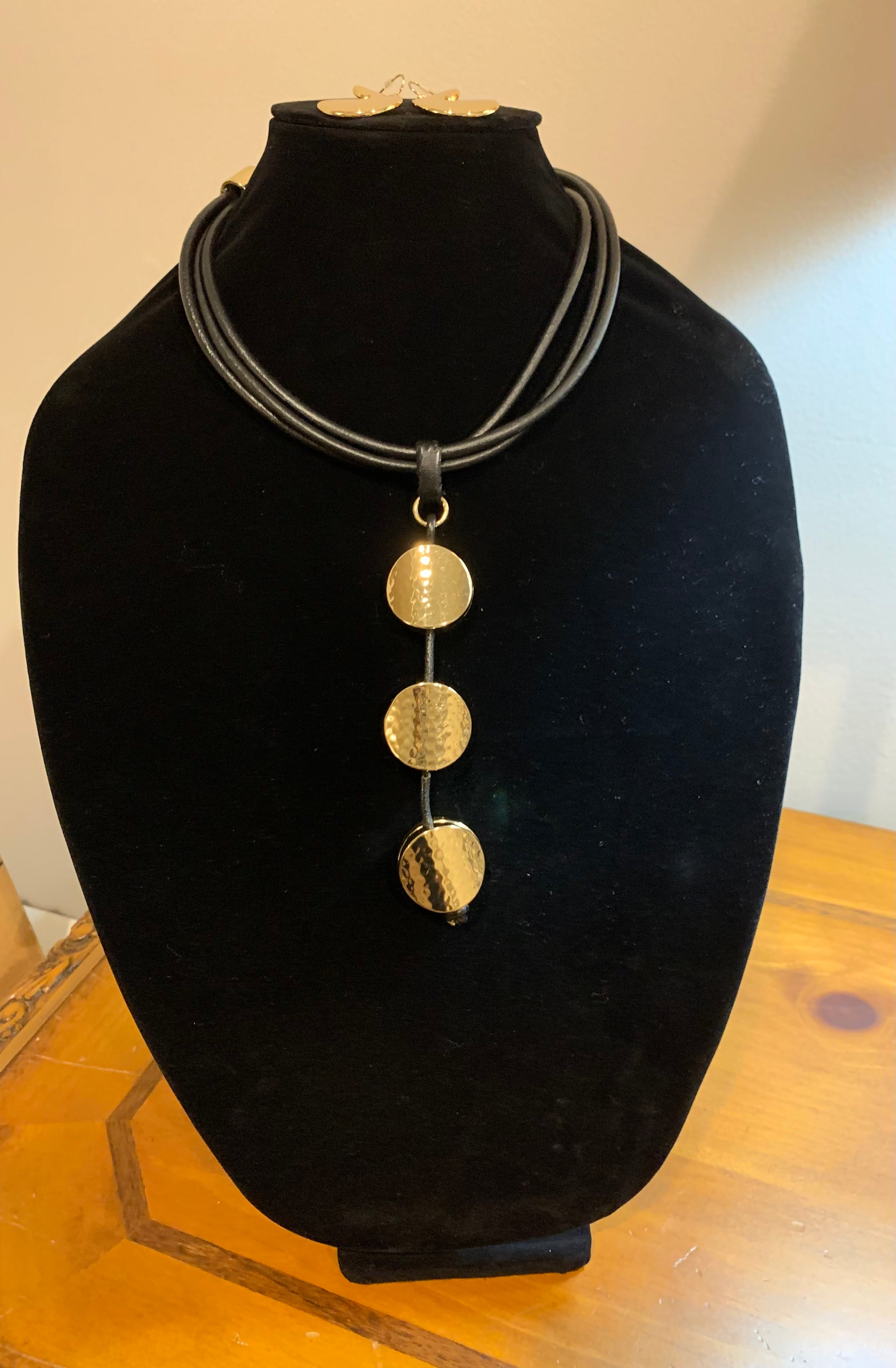 Black Multi-Strand Leather & Hammered Gold Disc Necklace with Earrings