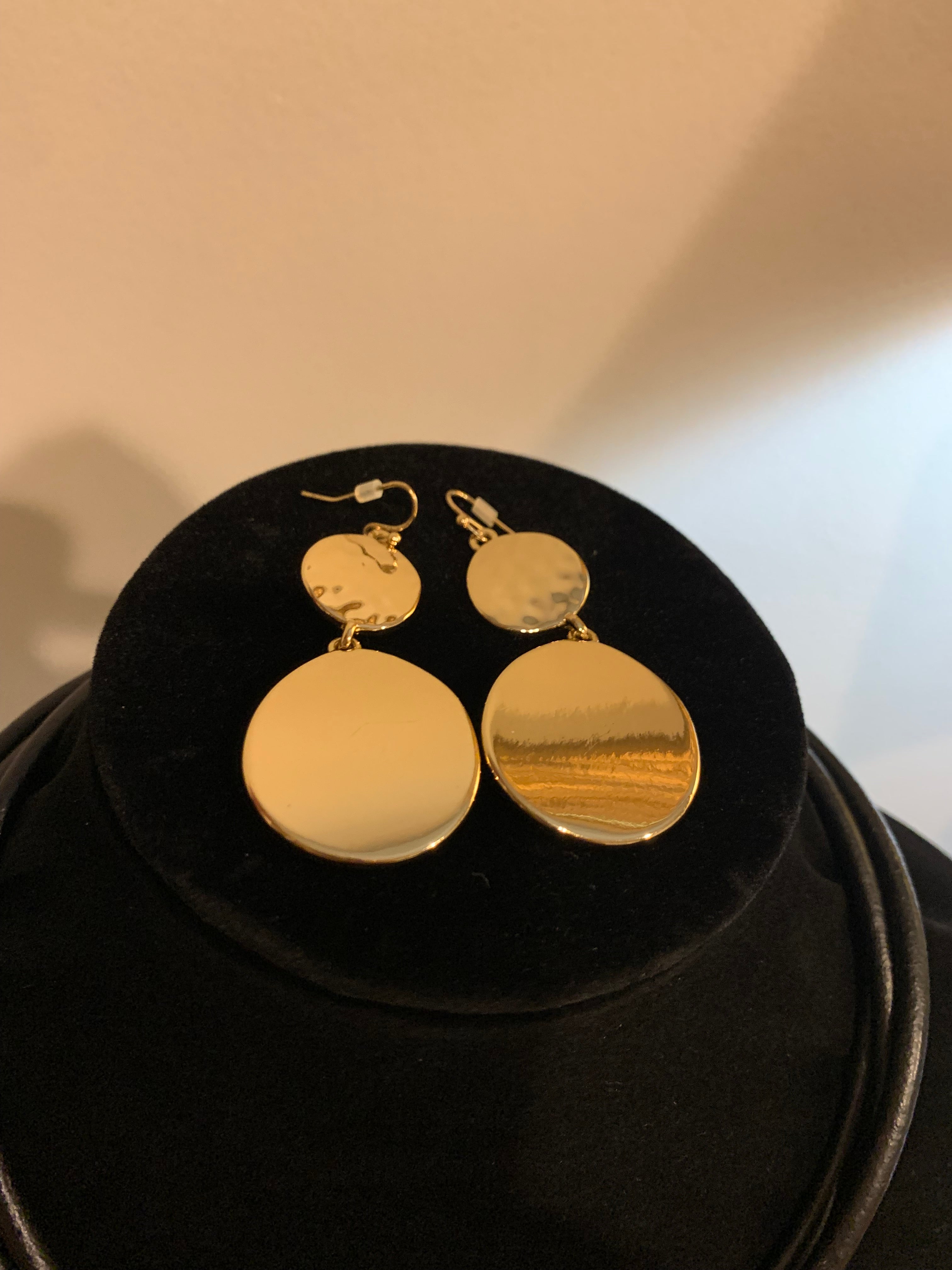 Black Multi-Strand Leather & Hammered Gold Disc Necklace with Earrings