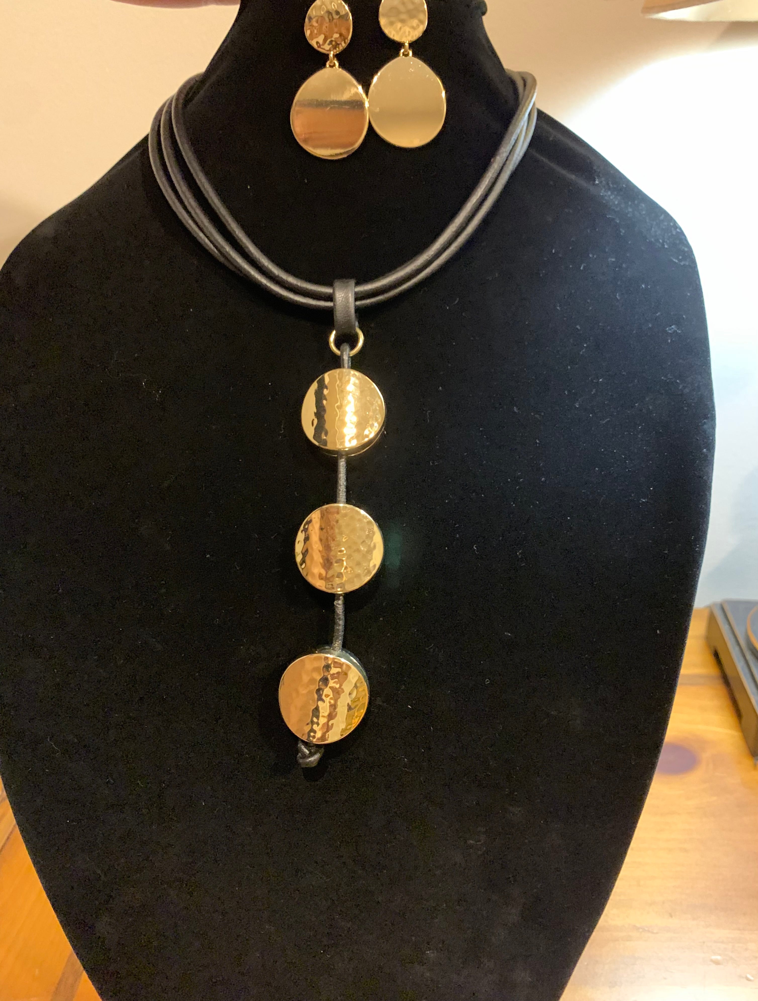 Black Multi-Strand Leather & Hammered Gold Disc Necklace with Earrings