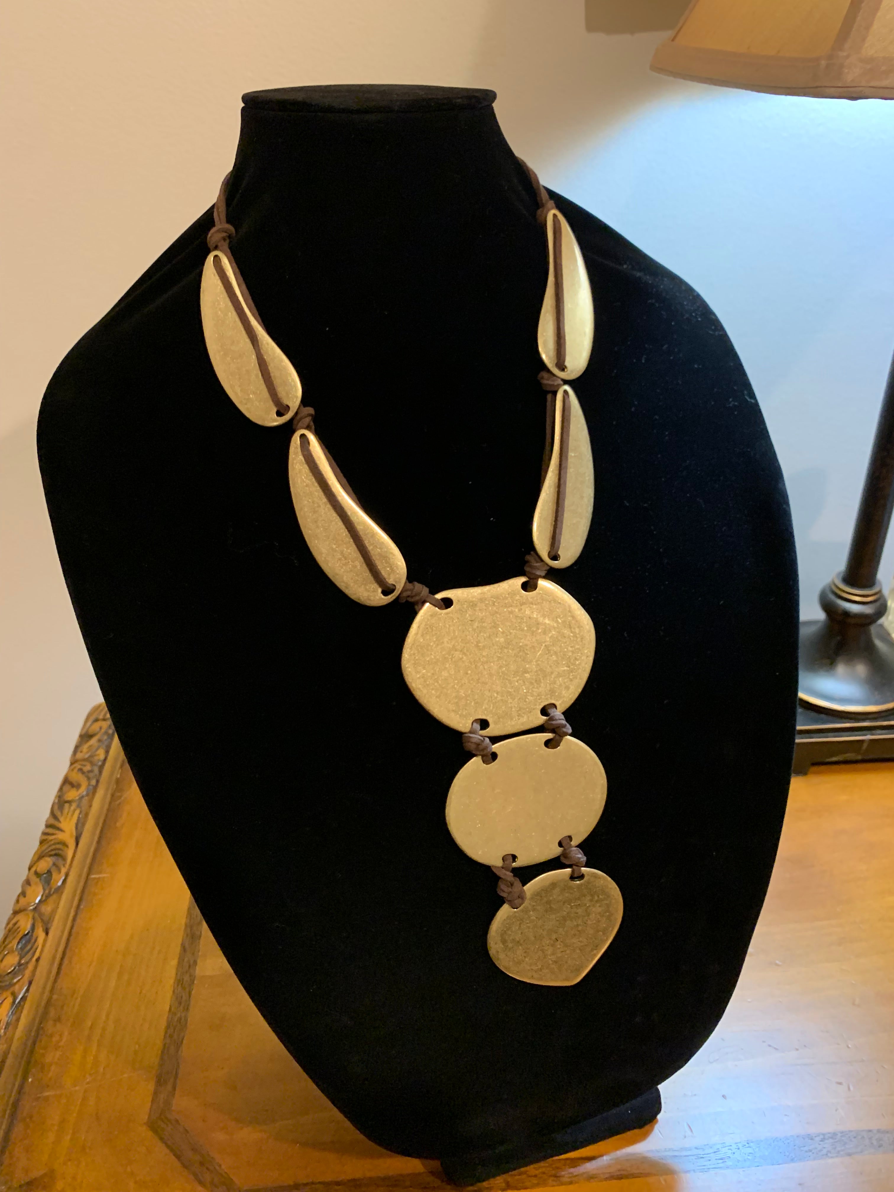 Brushed Gold & Brown Suede Bib Necklace with Matching Drop Earrings