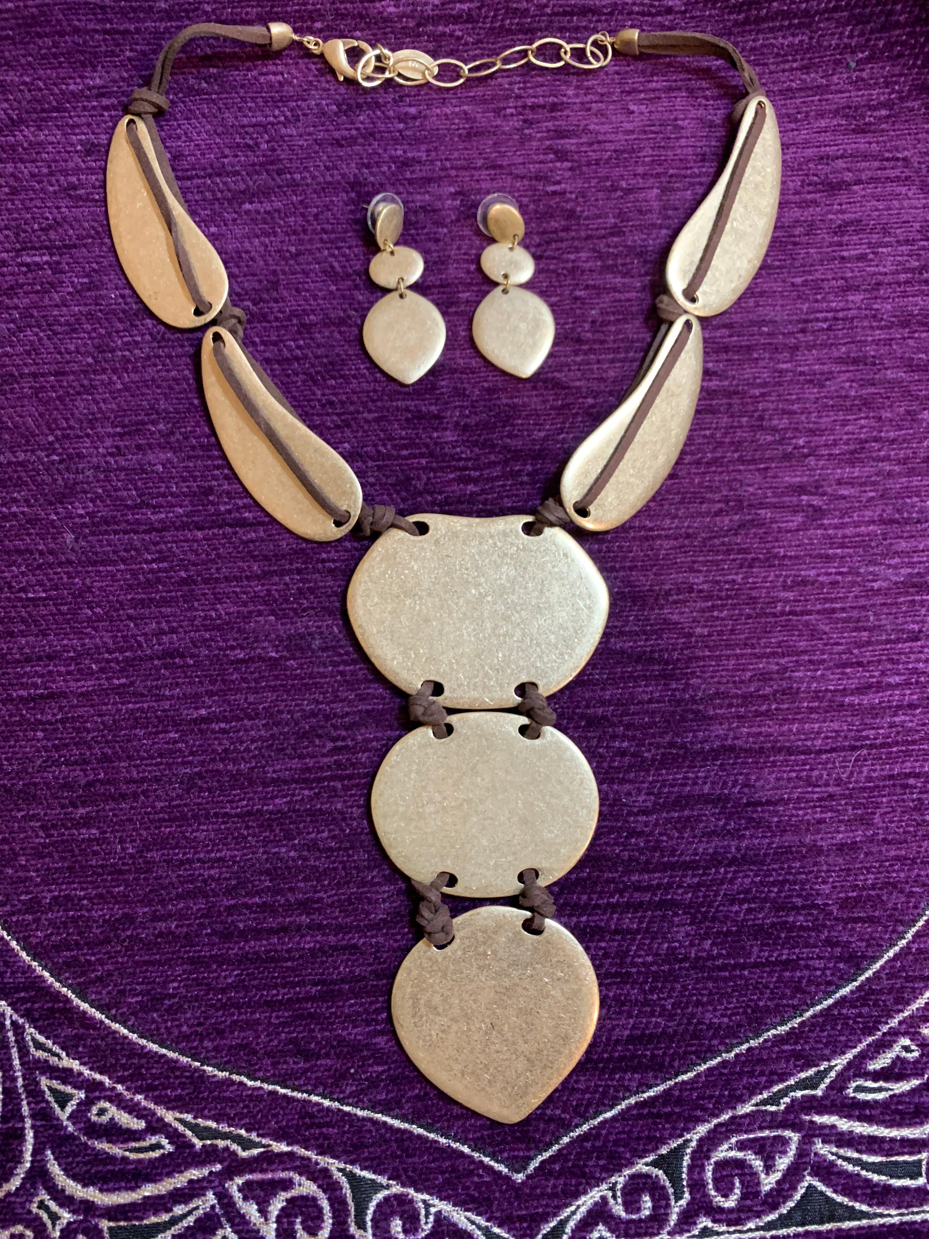 Brushed Gold & Brown Suede Bib Necklace with Matching Drop Earrings