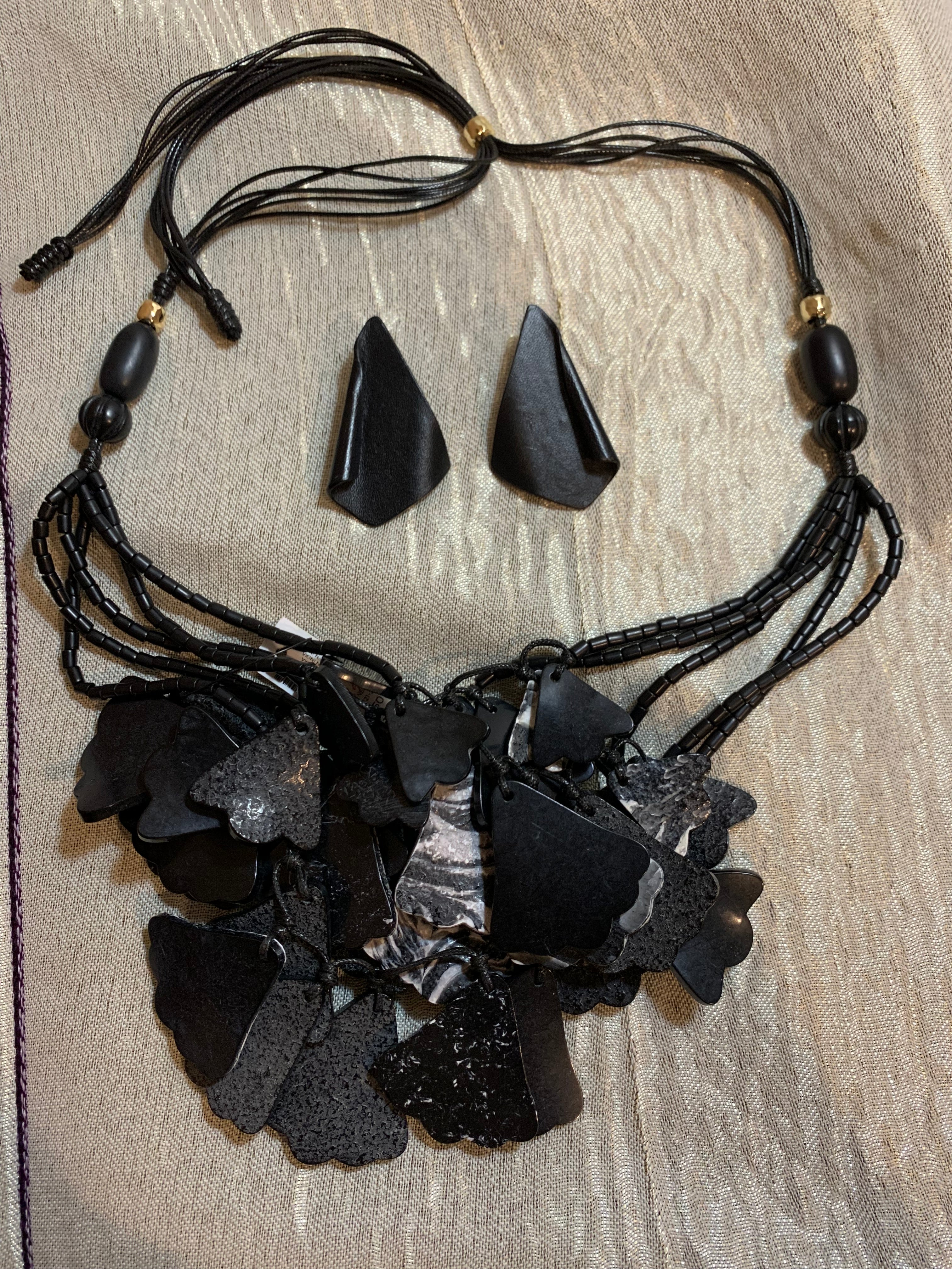 Black Faux Leather Wide Cuff Bracelet & Geometric Earring Set