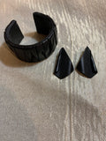 Black Faux Leather Wide Cuff Bracelet & Geometric Earring Set