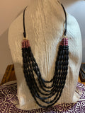 Multi-Strand Matte Black Bead Necklace with Rhodonite Accent Clusters