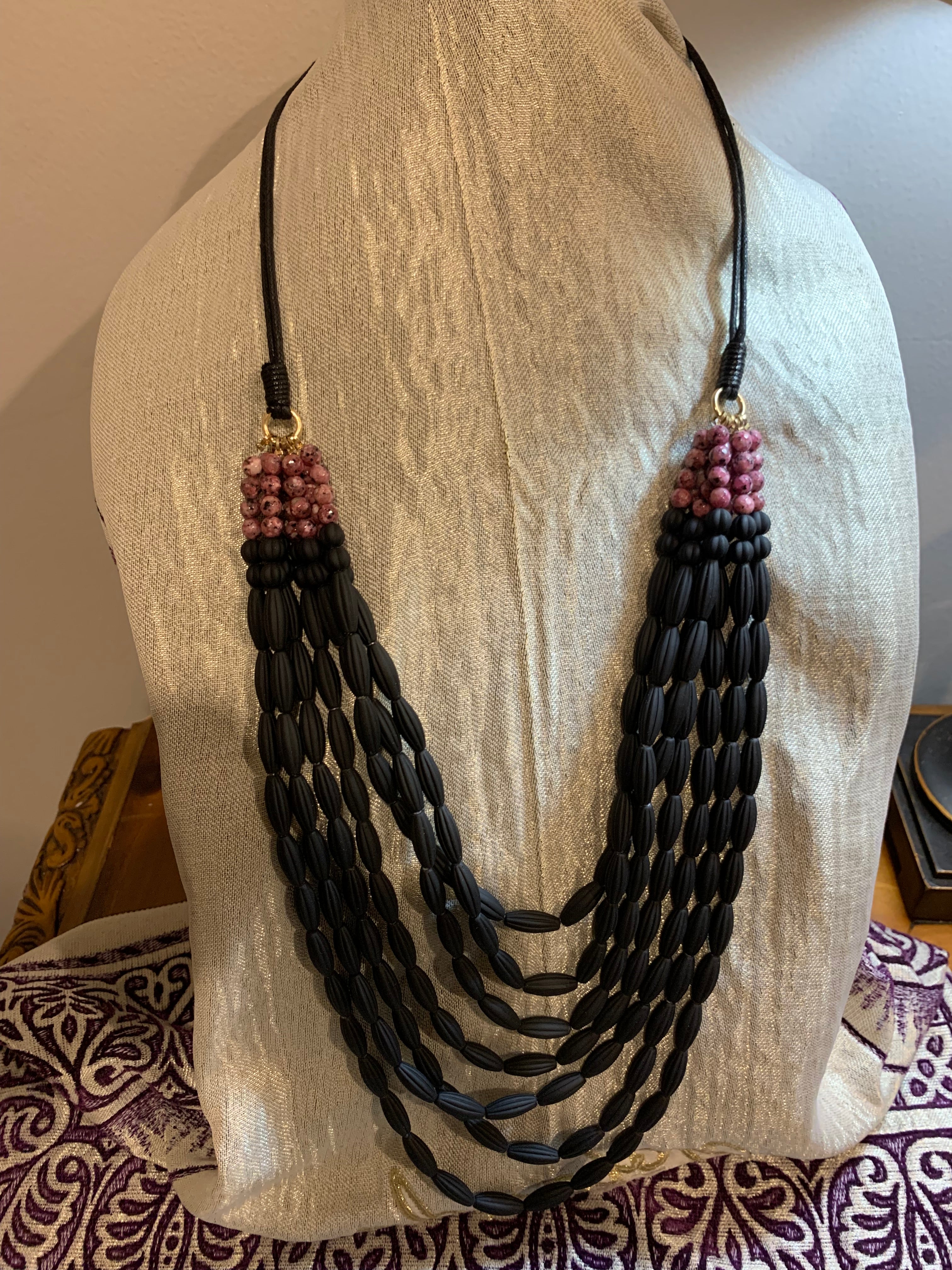 Multi-Strand Matte Black Bead Necklace with Rhodonite Accent Clusters