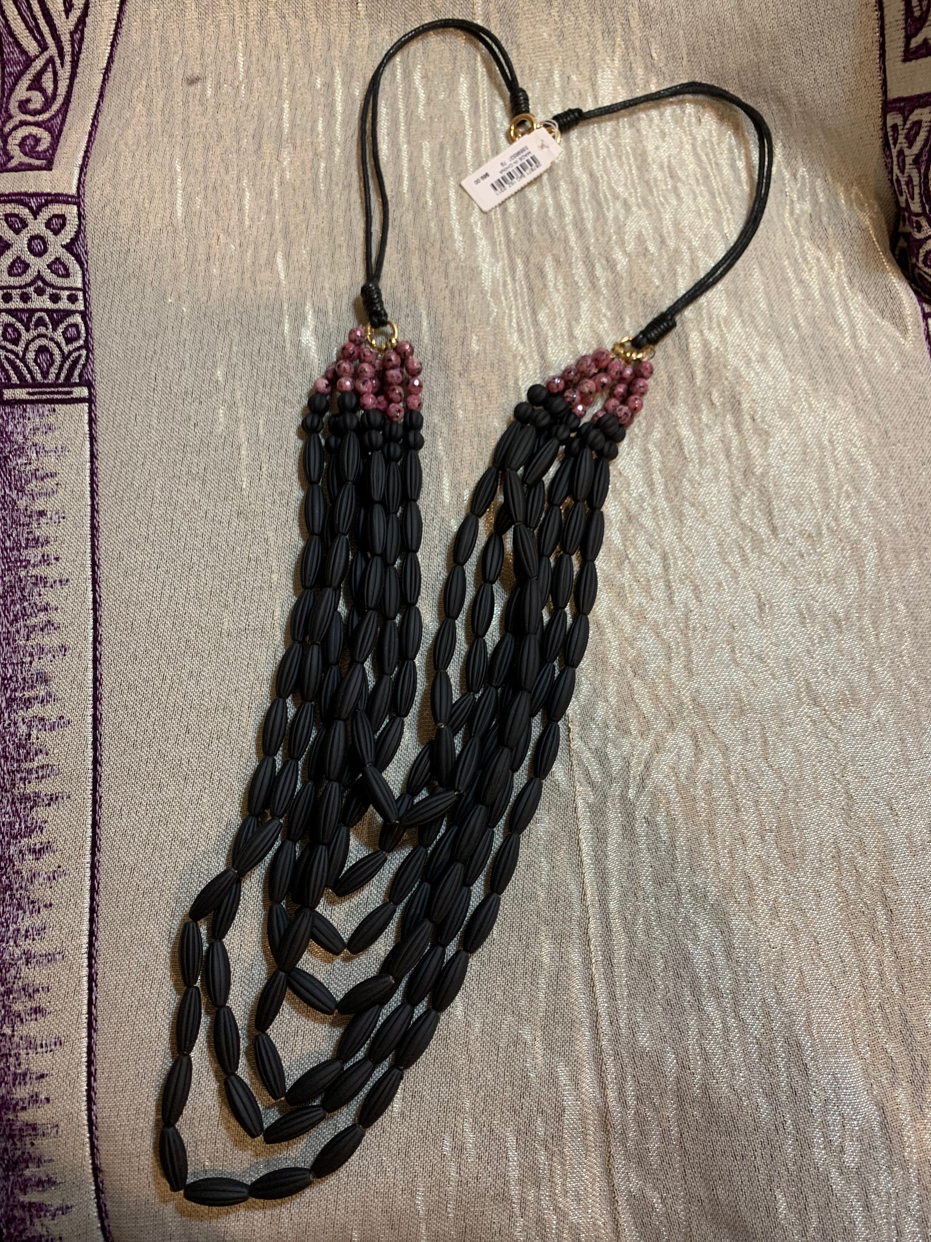 Multi-Strand Matte Black Bead Necklace with Rhodonite Accent Clusters