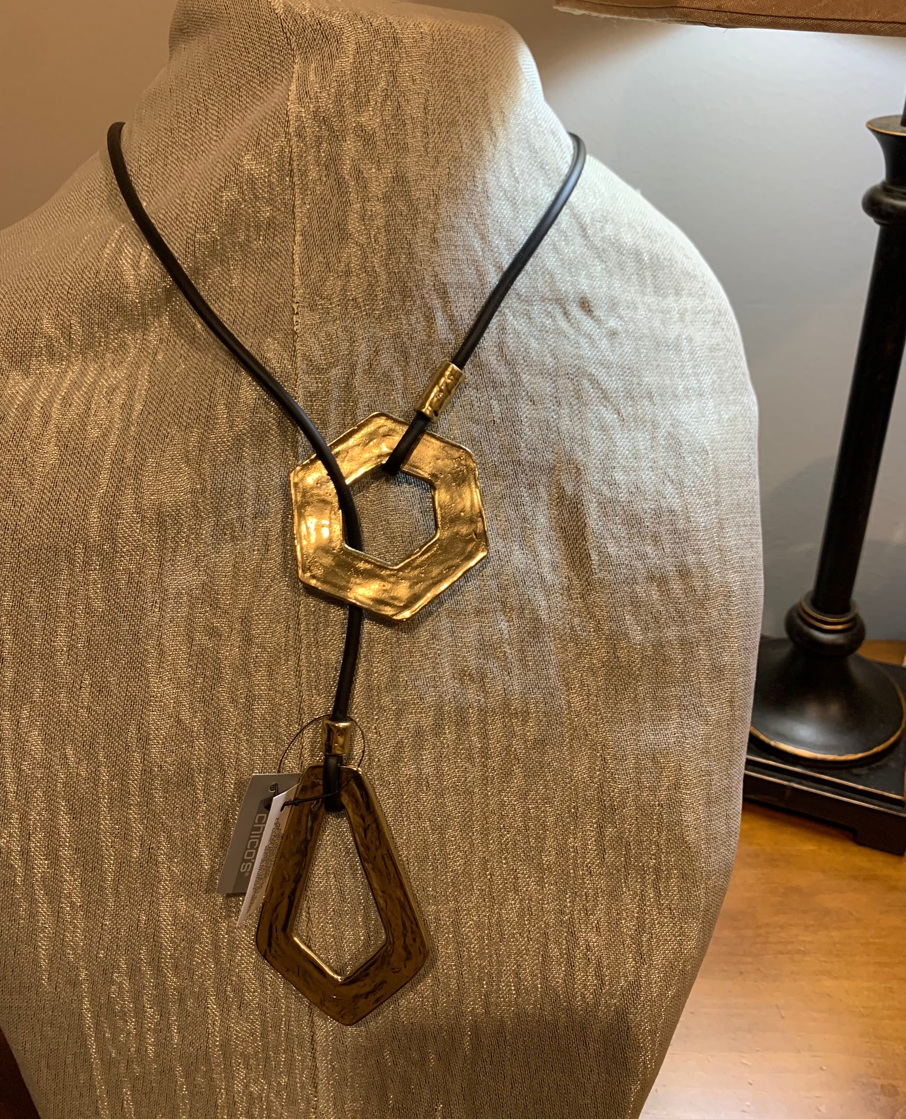 Chico's Black Leather & Hammered Gold Geometric Pendant Necklace