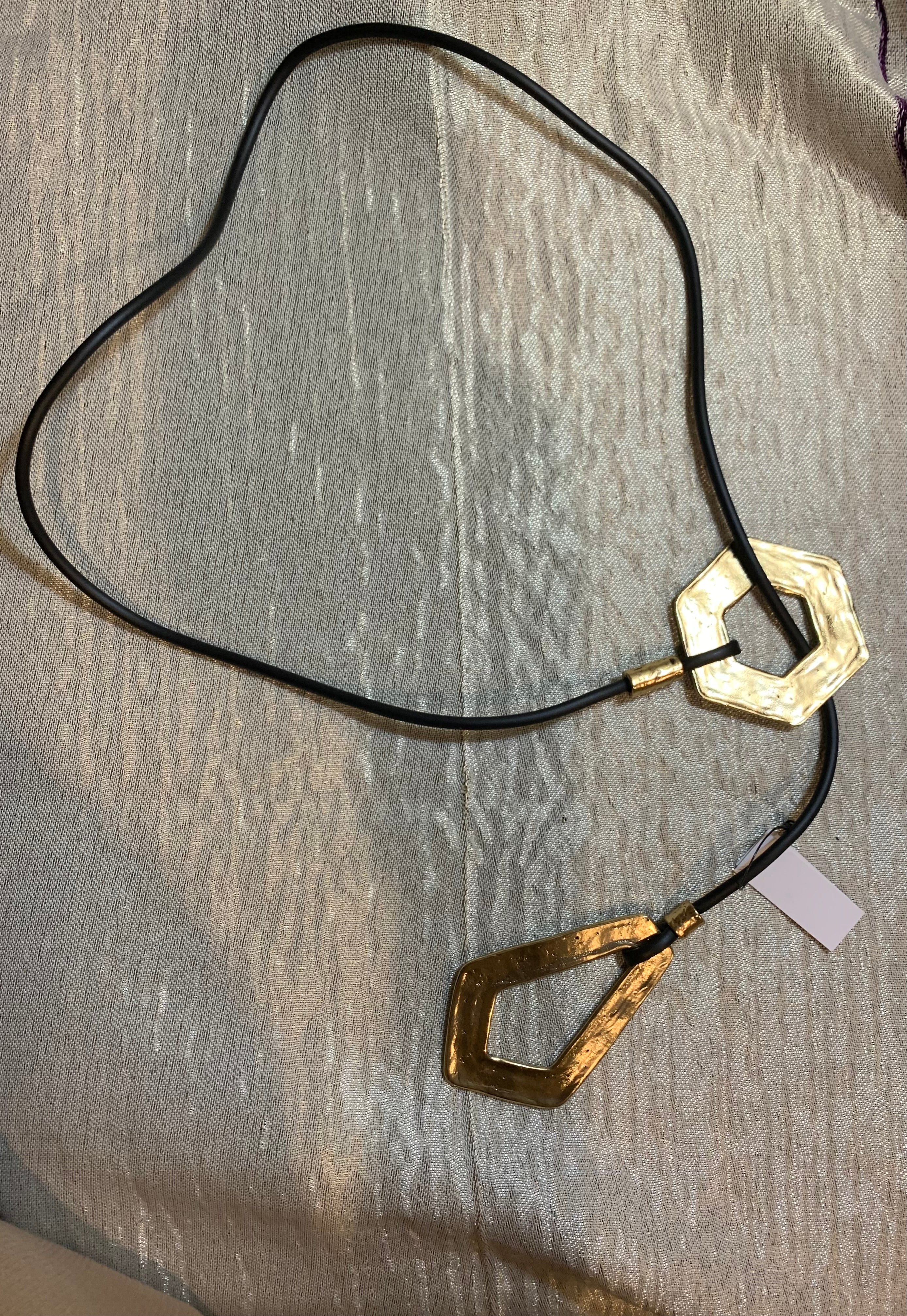 Chico's Black Leather & Hammered Gold Geometric Pendant Necklace