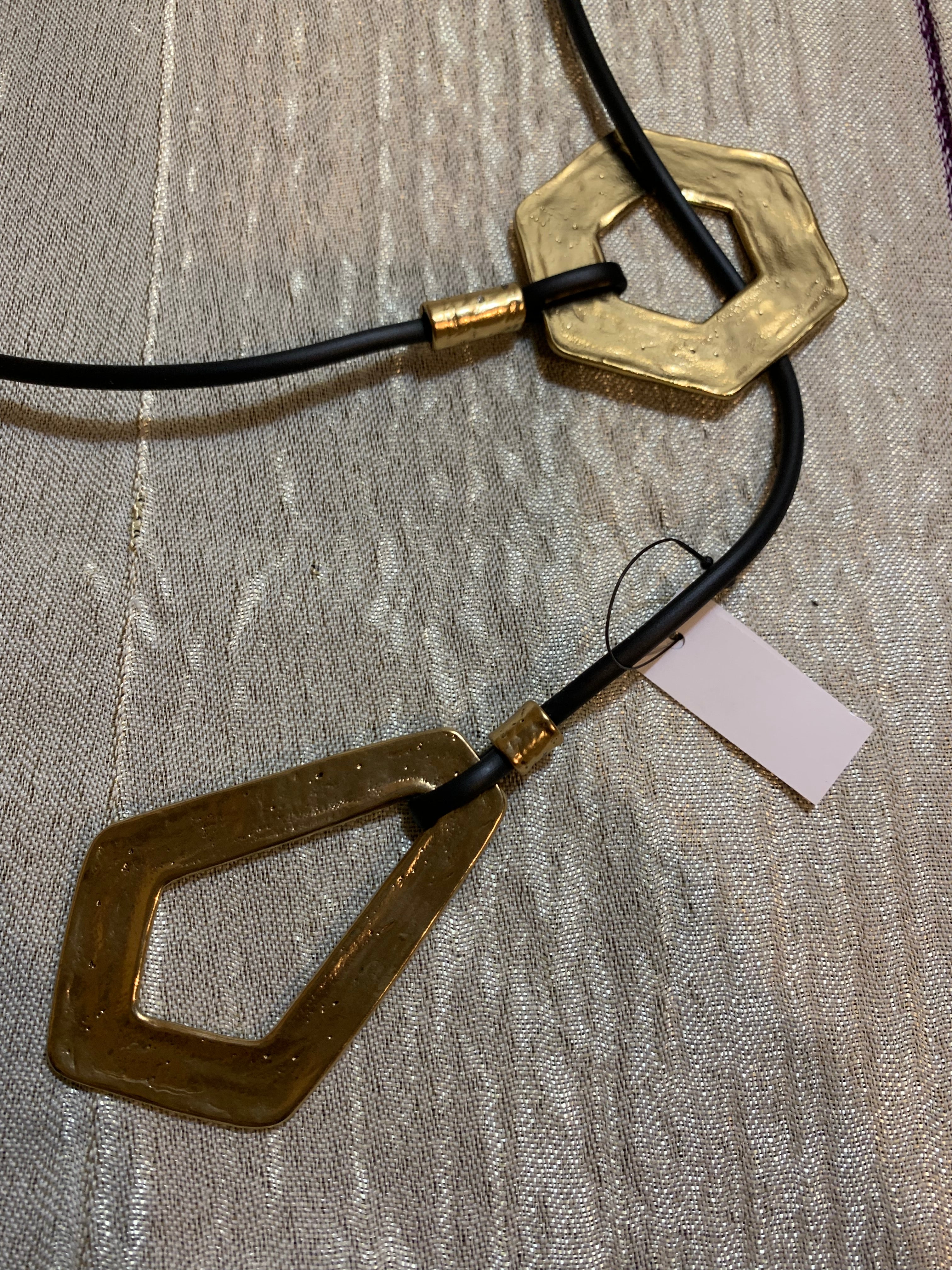 Chico's Black Leather & Hammered Gold Geometric Pendant Necklace