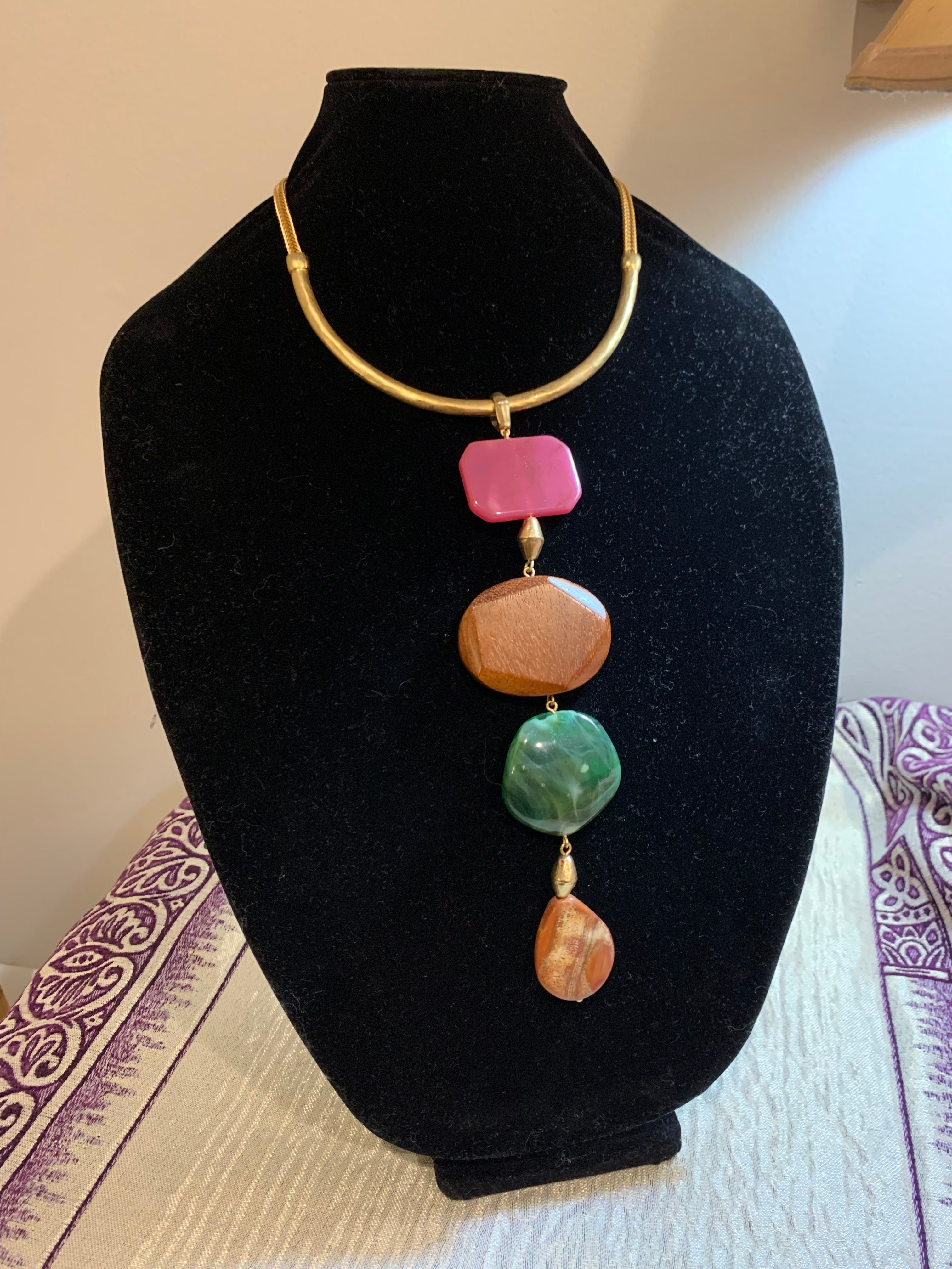 Gold Torque Collar Necklace with Colorful Drop Stone Pendant