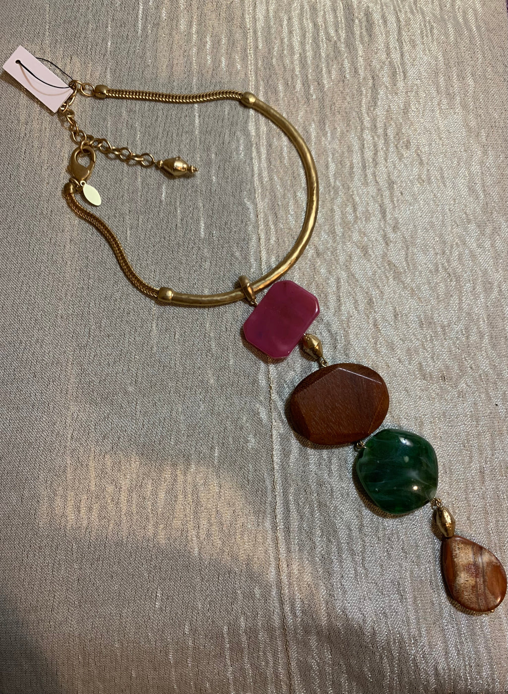 Gold Torque Collar Necklace with Colorful Drop Stone Pendant