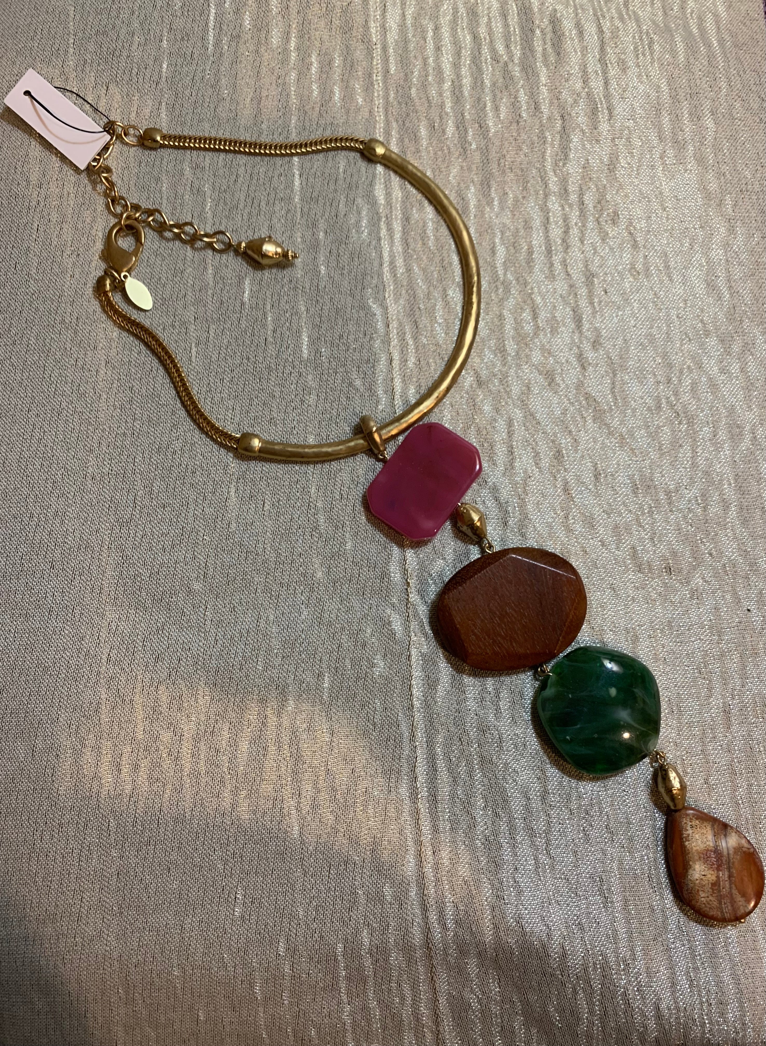 Gold Torque Collar Necklace with Colorful Drop Stone Pendant