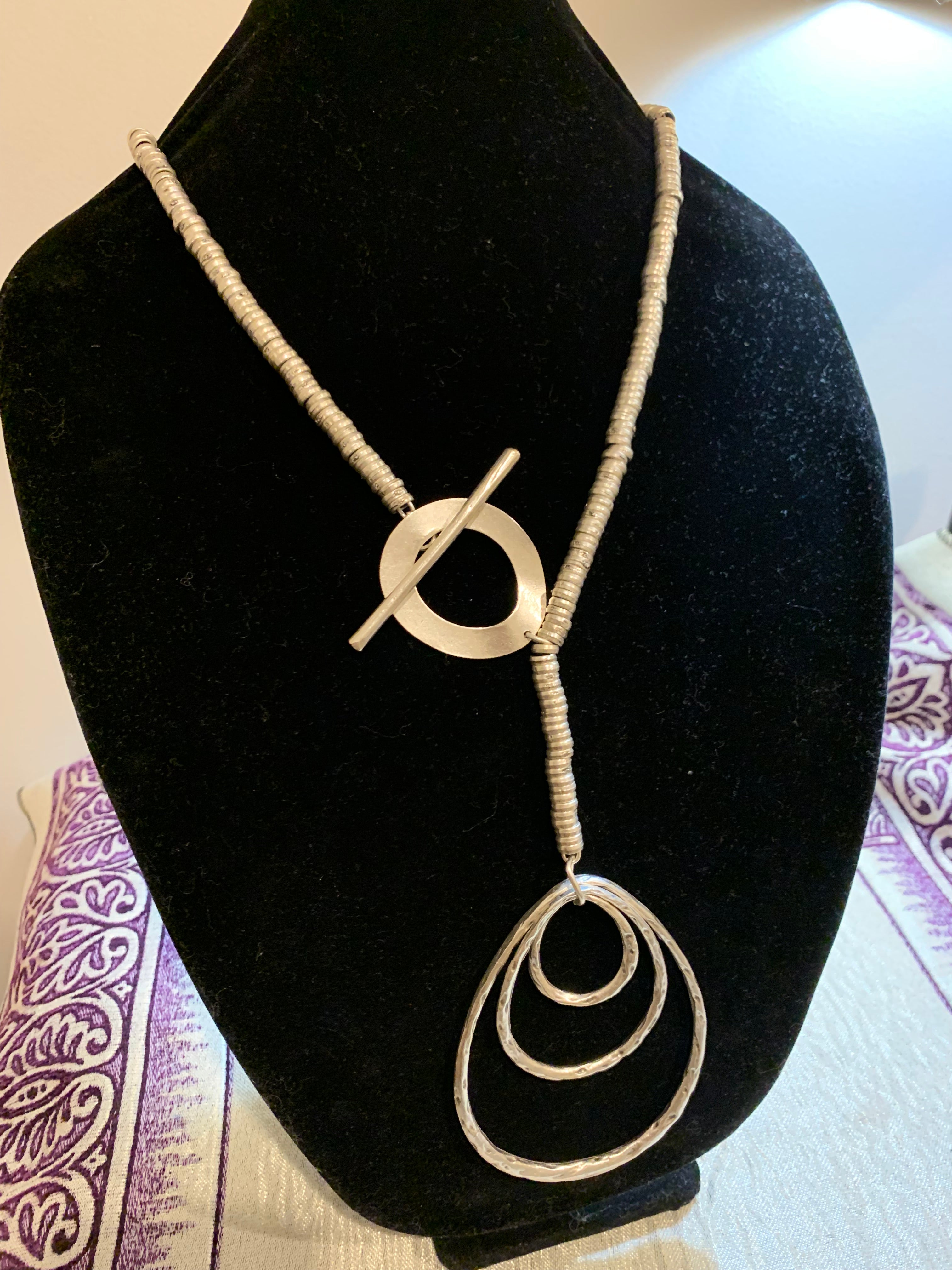 Silver Heishi Bead Lariat Necklace with Hammered Triple Teardrop Pendant