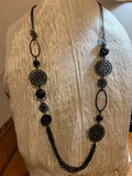 All-Black Long Chain Necklace with Filigree Medallions & Earring Set